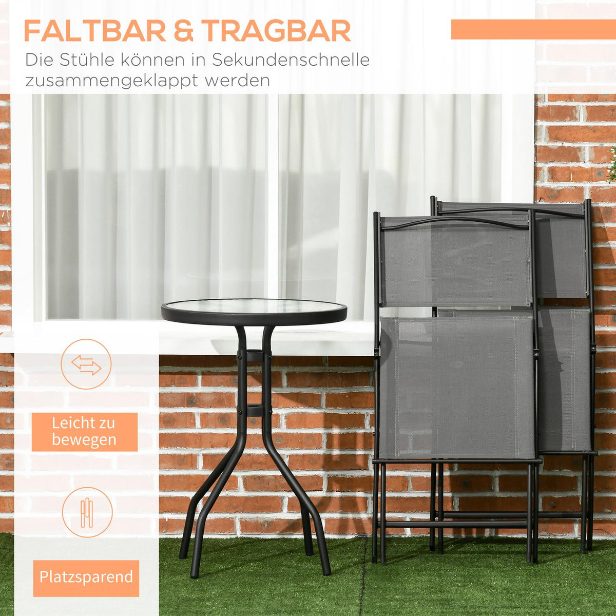 Garden Bistro Set For 2 People, Garden Furniture Set Including 1 Table, 2 Folding Chairs, Garden Furniture, Steel Grey