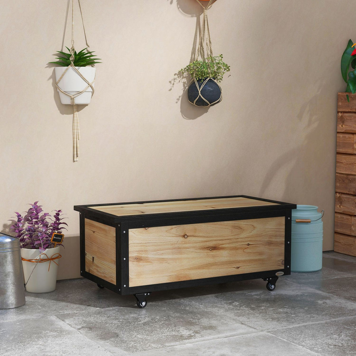 Garden Box Wooden Storage Box 121L Storage Box With Wheels, Weatherproof Storage Box For Balcony, Patio, Natural