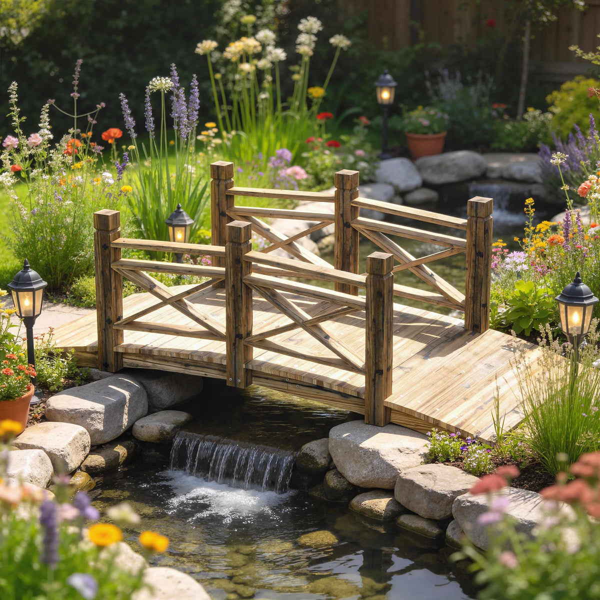 Garden Bridge with Railings, Charred Fir Wood, 174x78x57.5 cm
