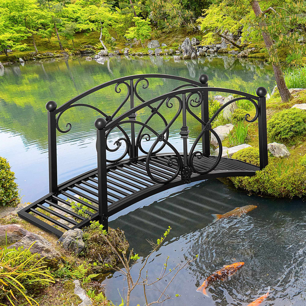 Garden Bridge with Safety Railings, Metal, Black, 102x48x49 cm