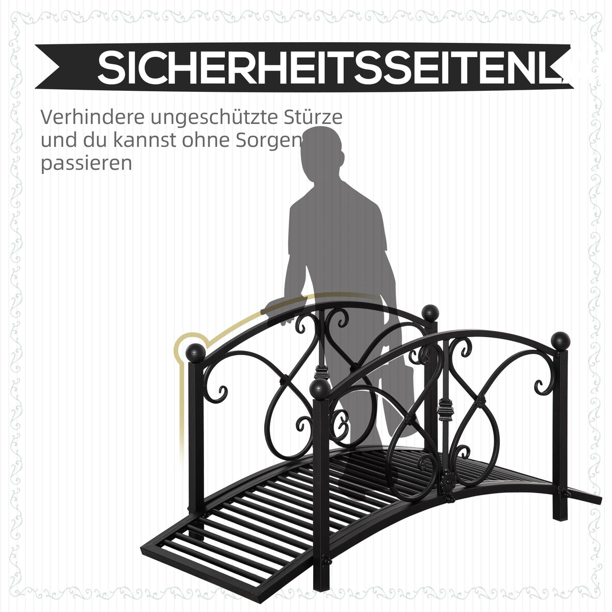 Garden Bridge with Safety Railings, Metal, Black, 102x48x49 cm