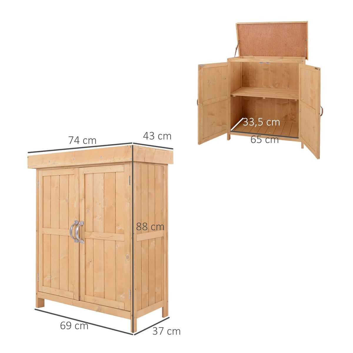 Garden Cabinet Equipment Cabinet With Double Door, 2 Compartments, Weatherproof, Fir Wood, Natural, 74X43X88Cm