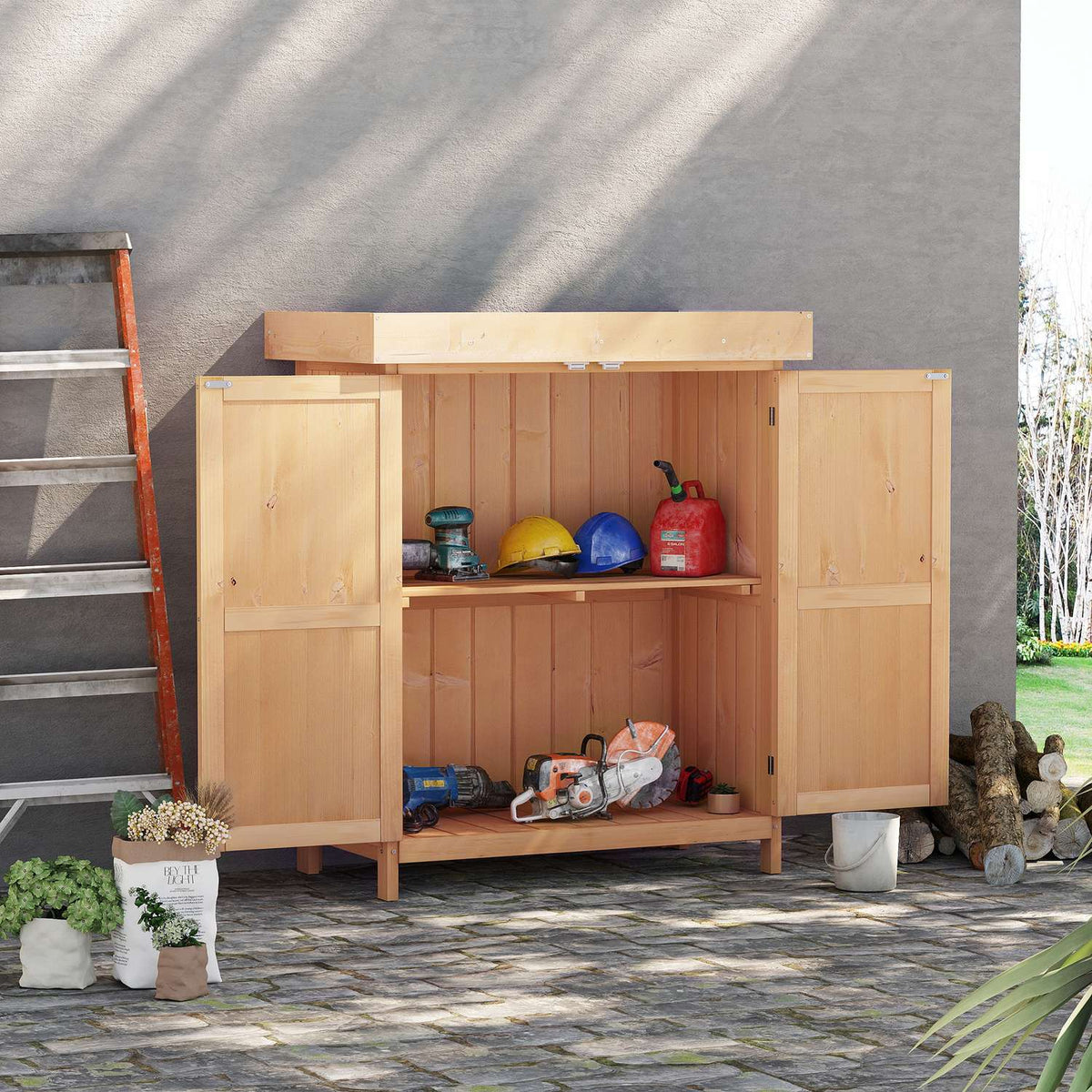 Garden Cabinet Equipment Cabinet With Double Door, 2 Compartments, Weatherproof, Fir Wood, Natural, 74X43X88Cm