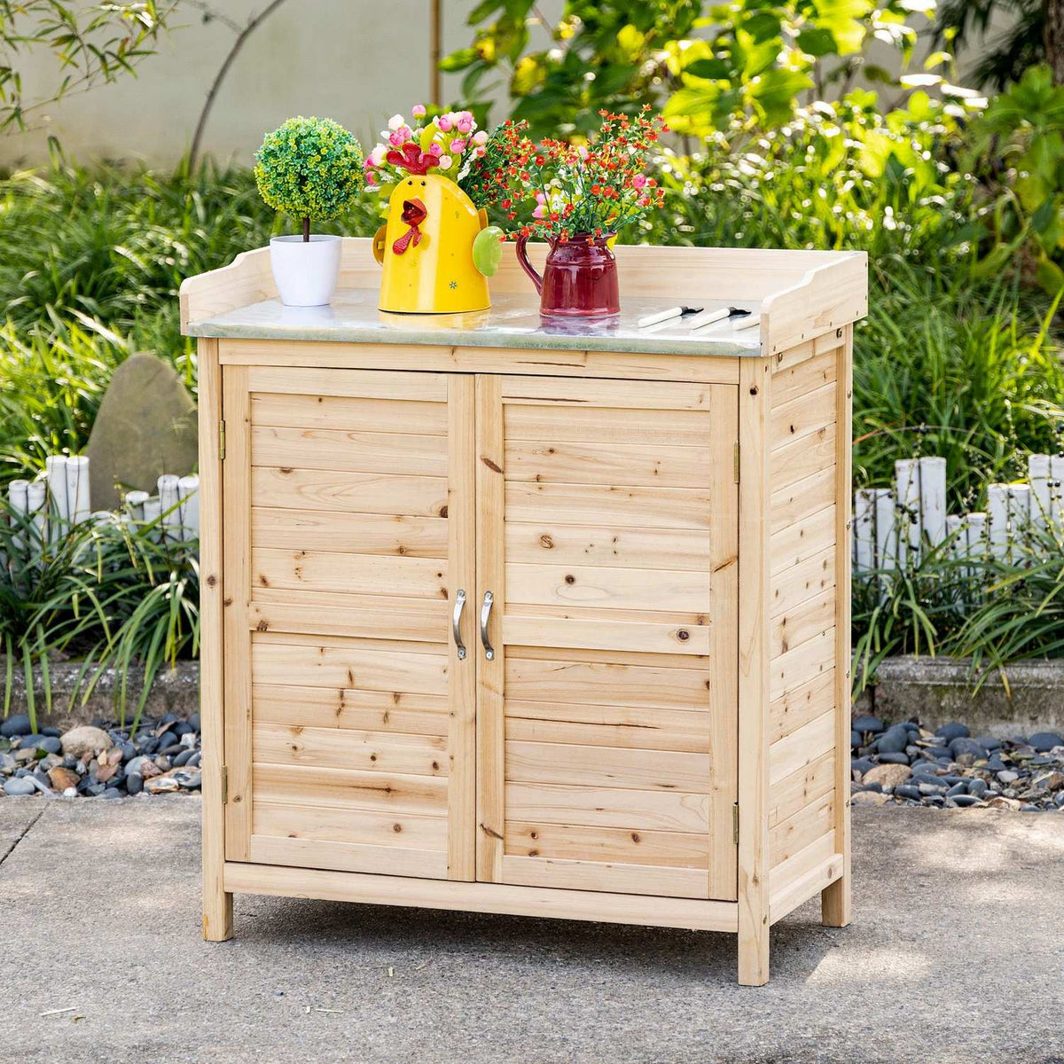 Garden Cabinet Plant Table With Base Cabinet Wooden Equipment Cabinet Cupboard With 2 Shelves Tool Shed Garden Shed Outdoor Natural 83 X 40 X 92 Cm