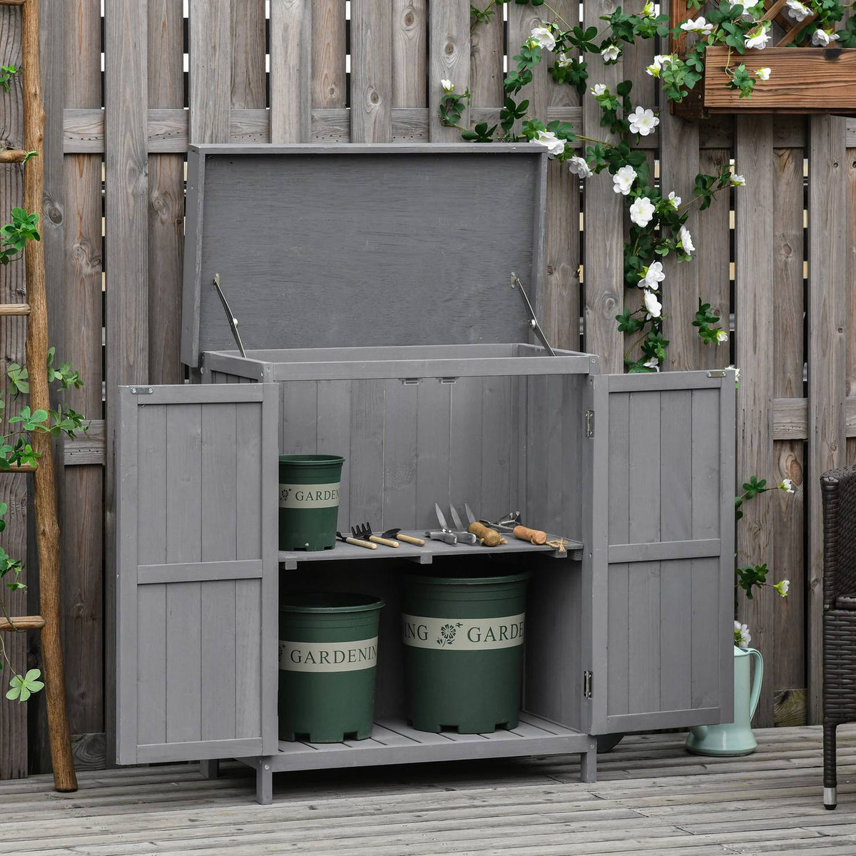 Garden Cabinet Weatherproof Equipment Cabinet Made Of Fir Wood, Double Door, 2 Compartments, Dark Gray, 74X43X88Cm