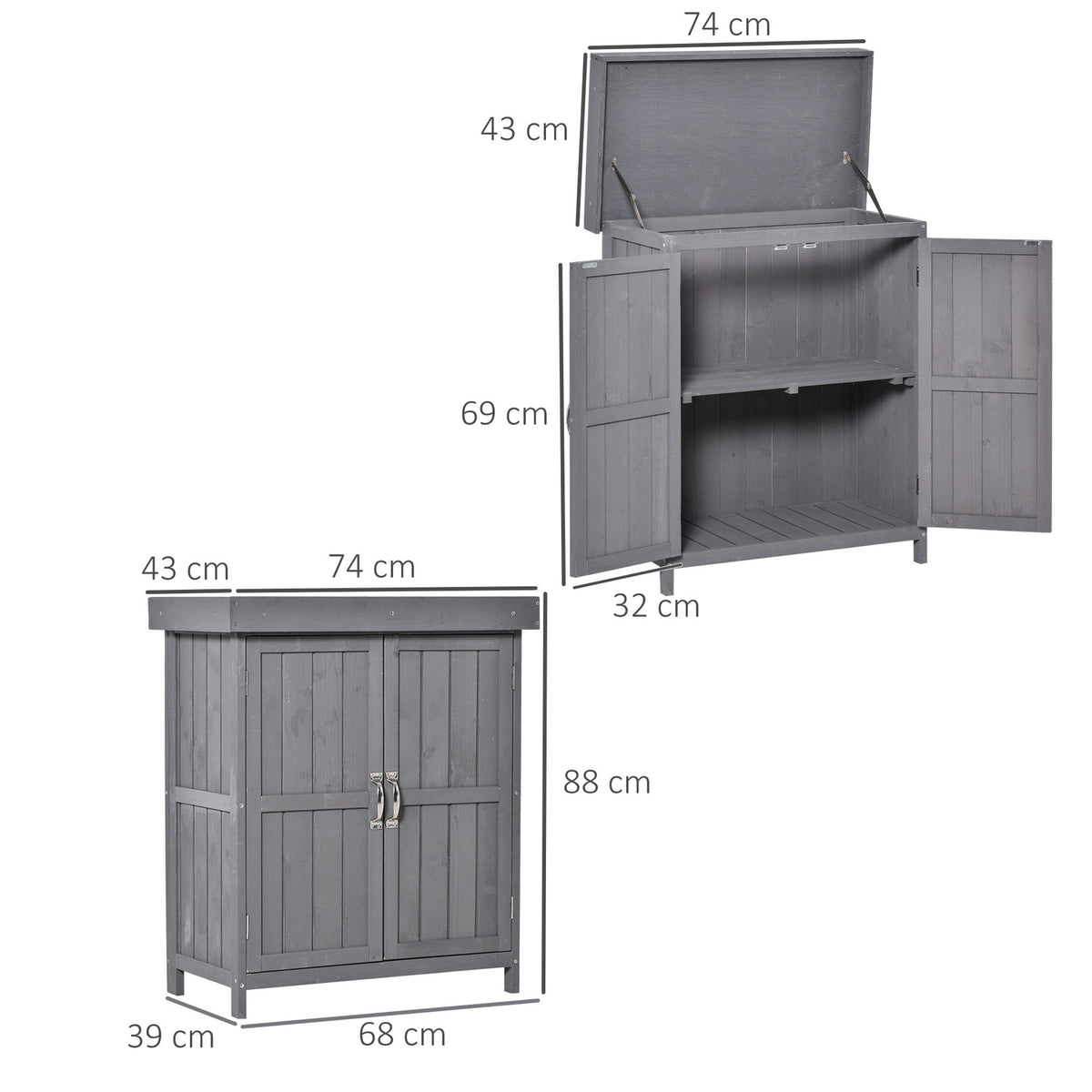 Garden Cabinet Weatherproof Equipment Cabinet Made Of Fir Wood, Double Door, 2 Compartments, Dark Gray, 74X43X88Cm