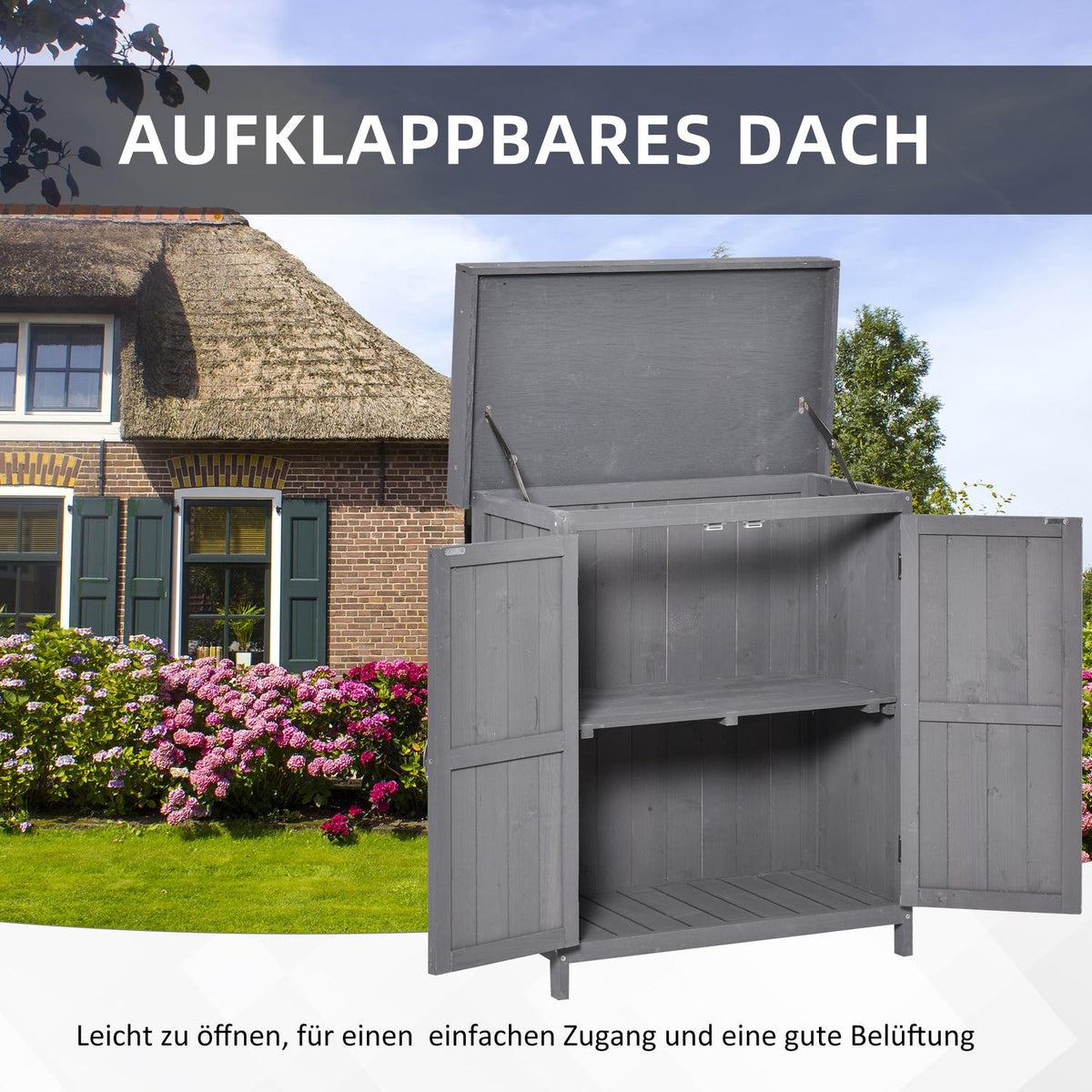 Garden Cabinet Weatherproof Equipment Cabinet Made Of Fir Wood, Double Door, 2 Compartments, Dark Gray, 74X43X88Cm