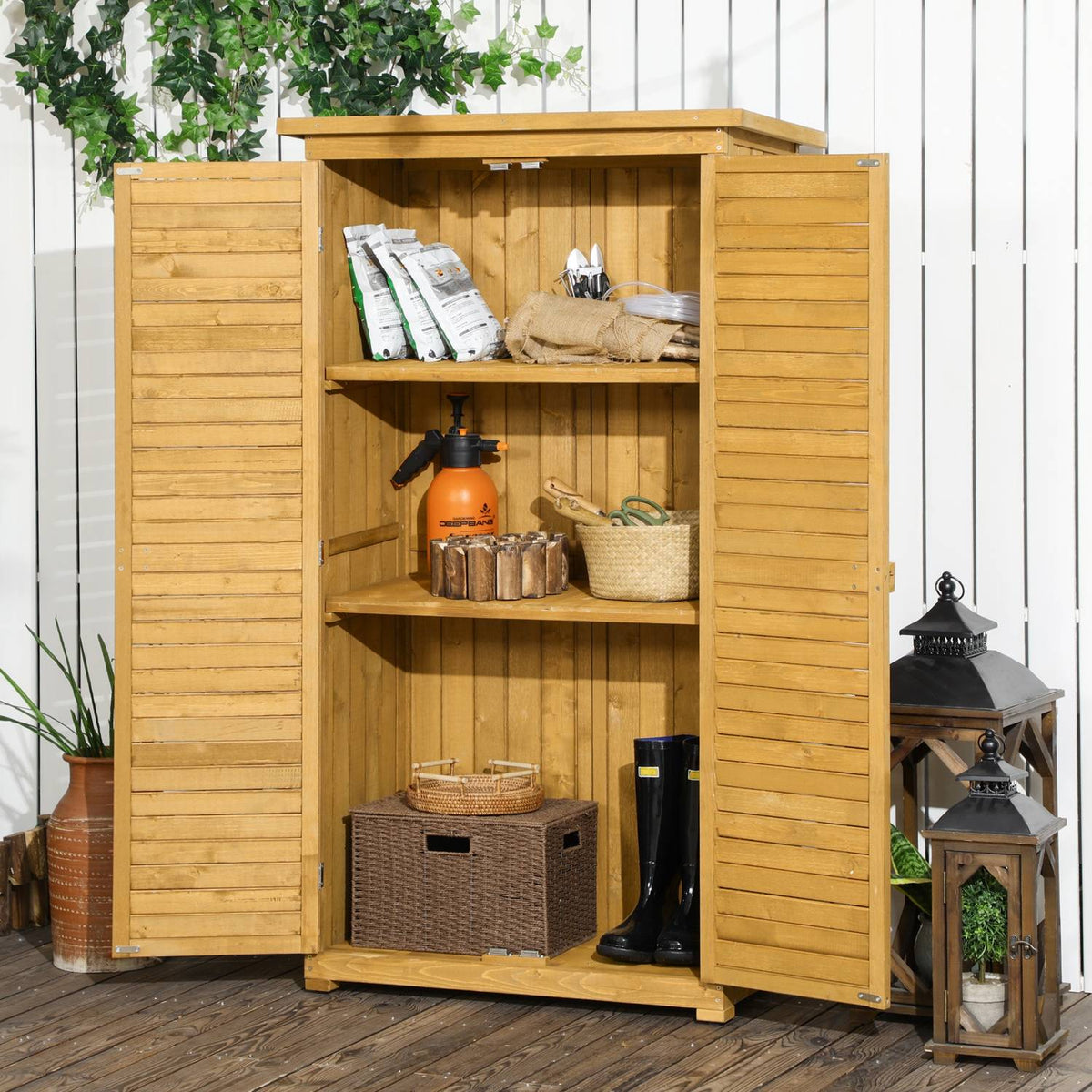 Garden Cabinet Wooden Tool Shed Tool Cabinet Tool Cabinet Garden Shed Wooden Hut Pent Roof Slat Doors Fir Wood 87 X 46.5 X 160 Cm