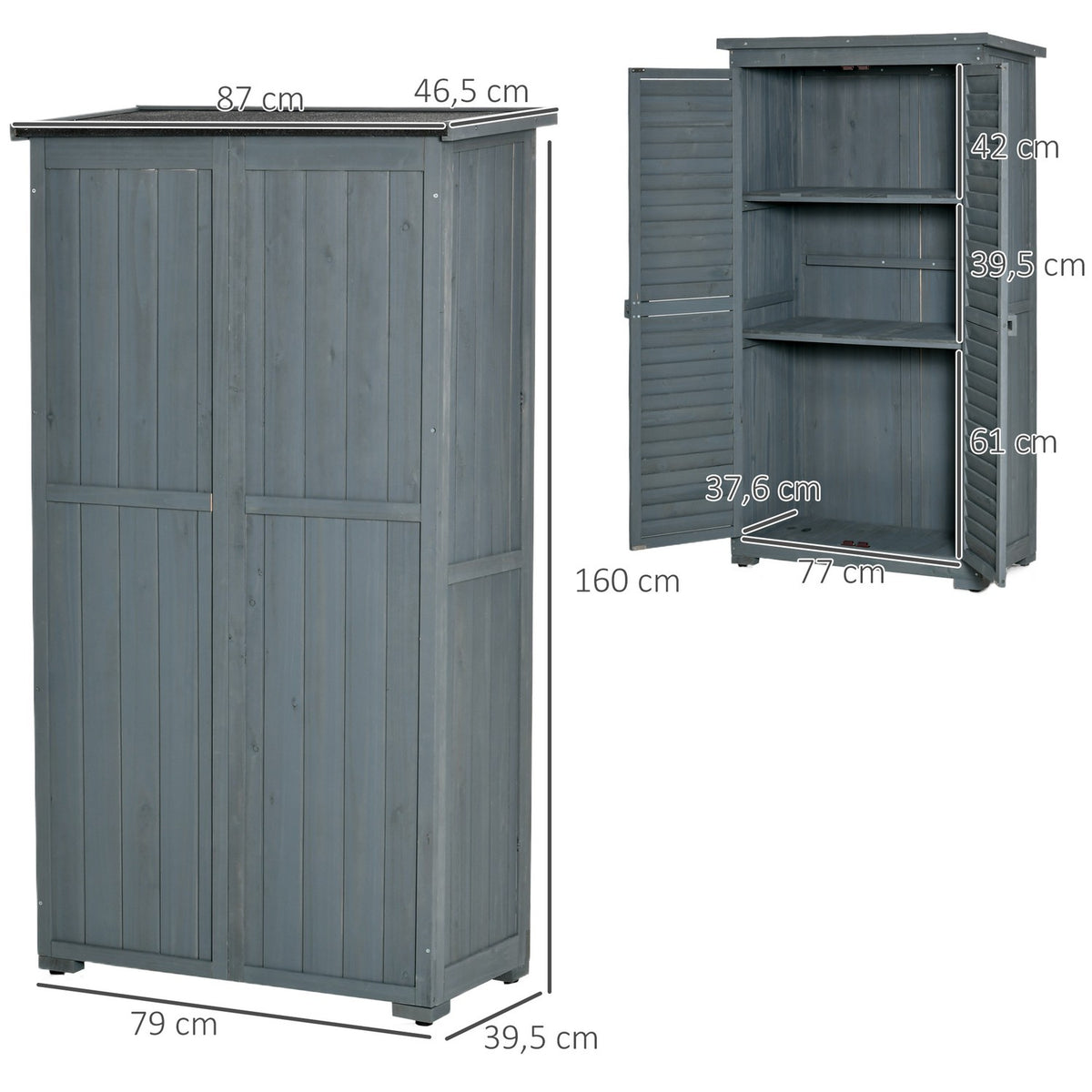 Garden Cabinet Wooden Tool Shed With Pent Roof, Bitumen Cardboard, Slatted Doors, Gray, 87X46.5X160Cm