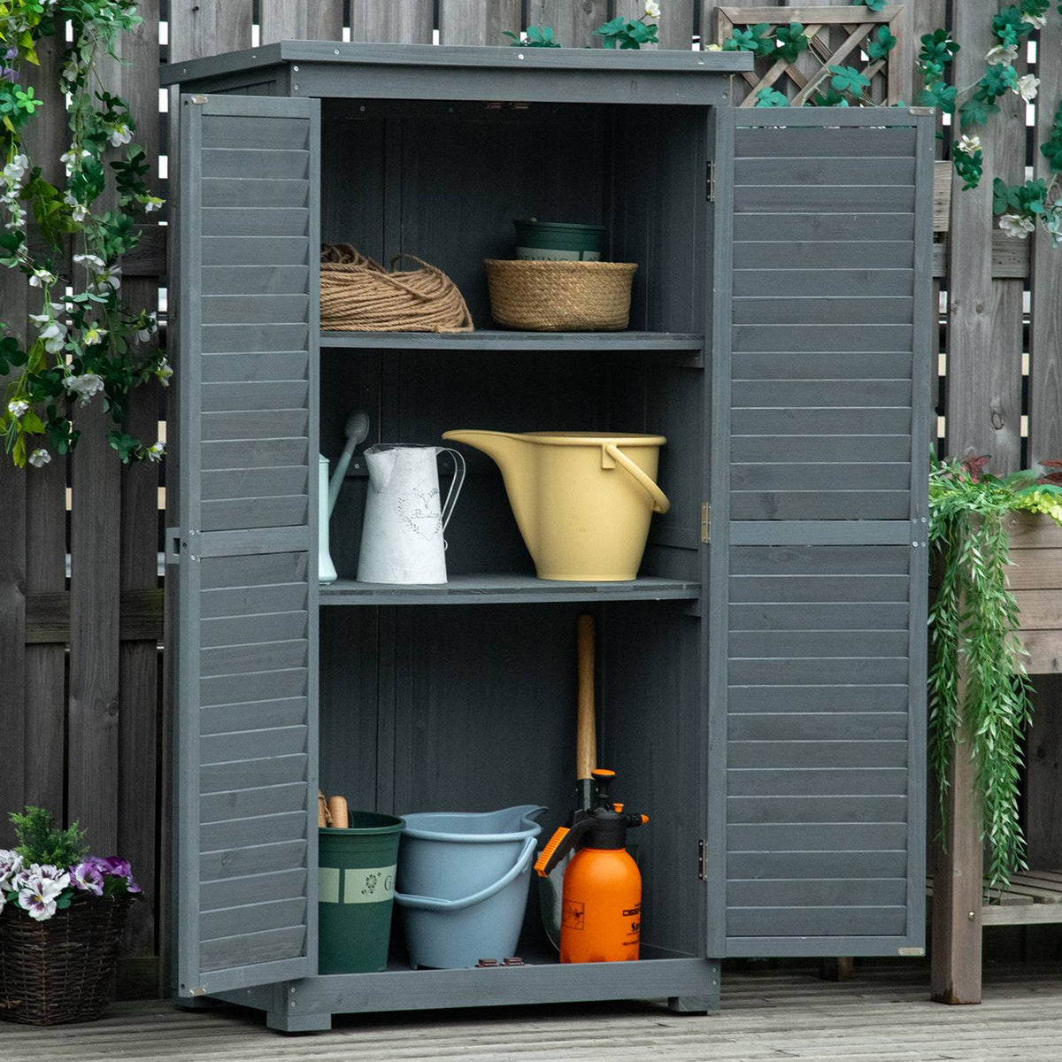 Garden Cabinet Wooden Tool Shed With Pent Roof, Bitumen Cardboard, Slatted Doors, Gray, 87X46.5X160Cm