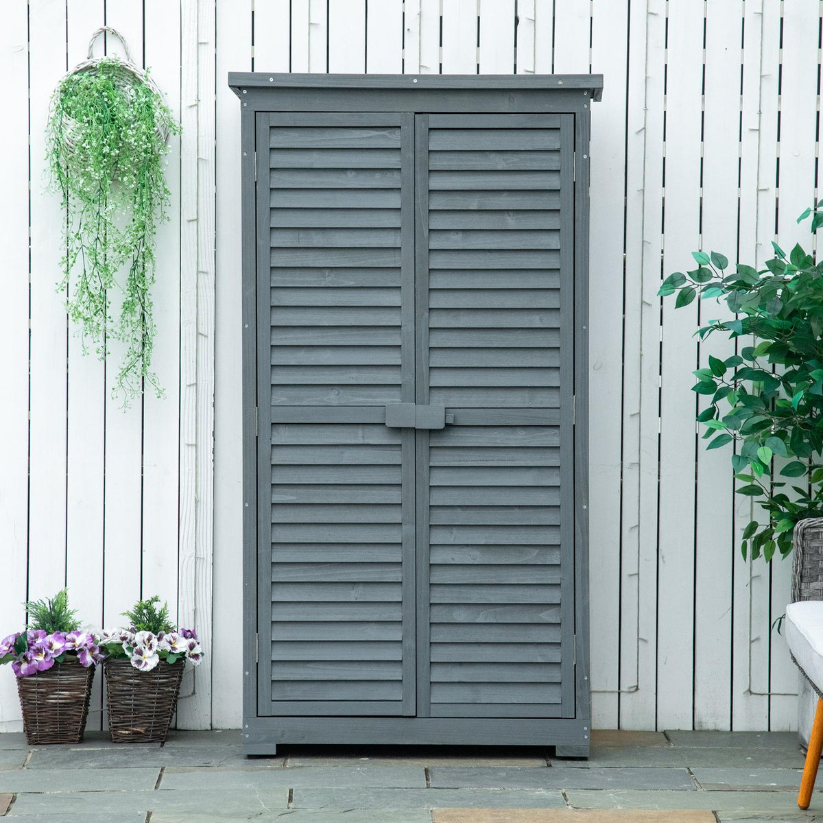 Garden Cabinet Wooden Tool Shed With Pent Roof, Bitumen Cardboard, Slatted Doors, Gray, 87X46.5X160Cm