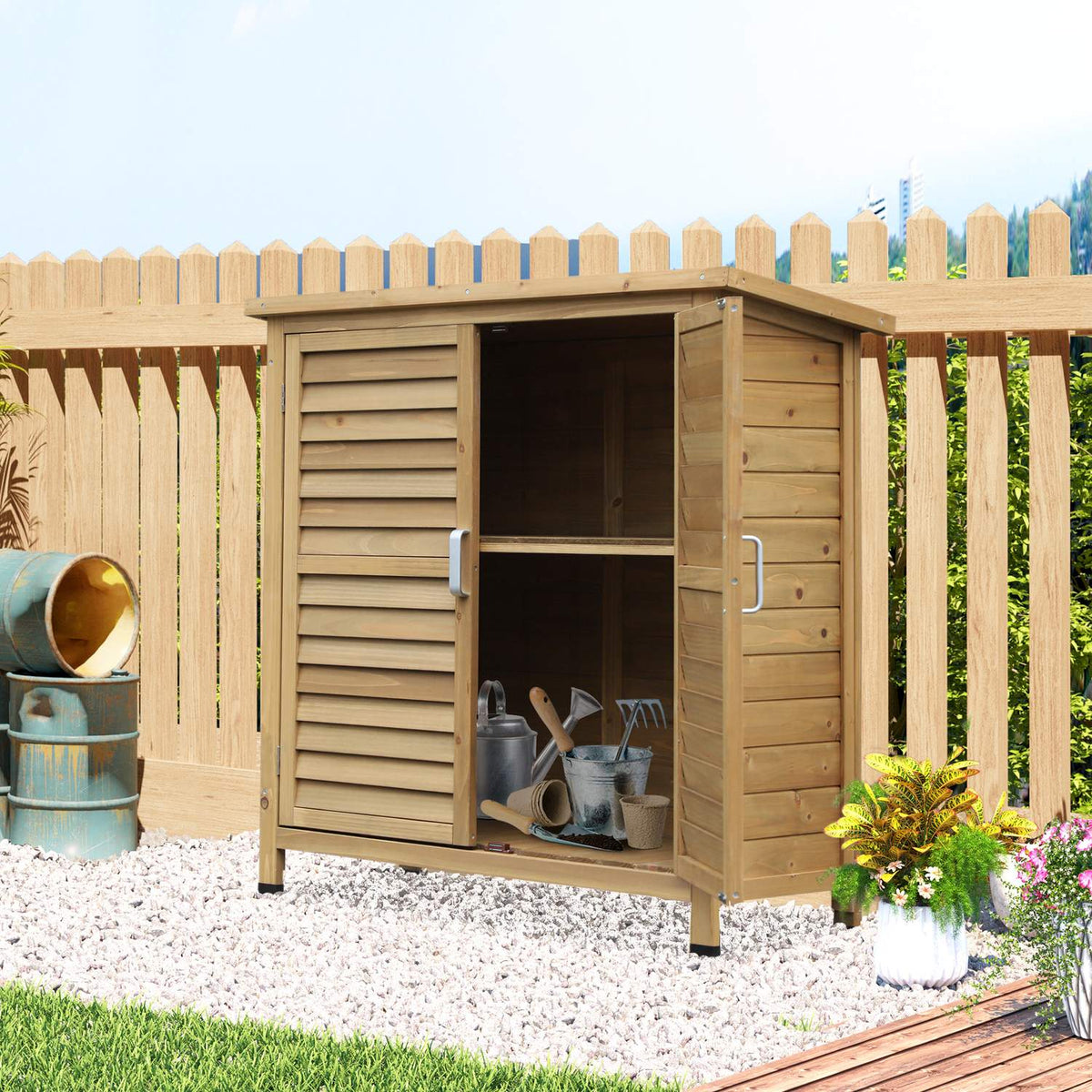 Garden Cabinet Wooden Tool Shed With Pent Roof, Bitumen Cardboard, Slatted Doors, Natural, 87X46.5X96.5Cm