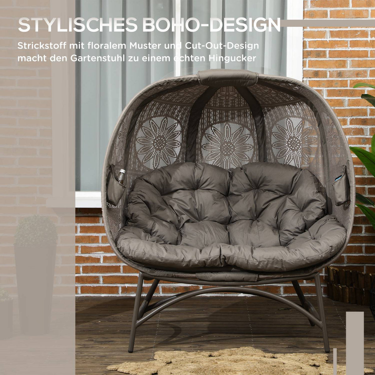 Garden Chair 2 Seater Wicker Chair With Foldable Basket Papasan Chair With Cushion Lounge Chair For Balcony Patio Steel Sand 126 X 75 X 142 Cm