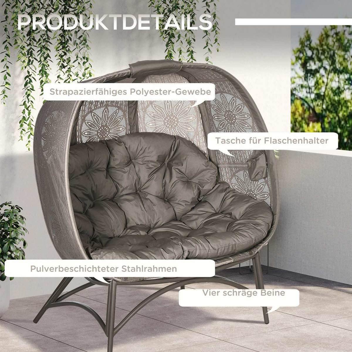 Garden Chair 2 Seater Wicker Chair With Foldable Basket Papasan Chair With Cushion Lounge Chair For Balcony Patio Steel Sand 126 X 75 X 142 Cm