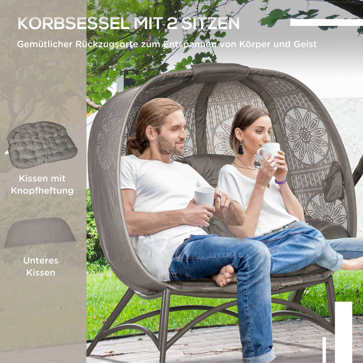 Garden Chair 2 Seater Wicker Chair With Foldable Basket Papasan Chair With Cushion Lounge Chair For Balcony Patio Steel Sand 126 X 75 X 142 Cm