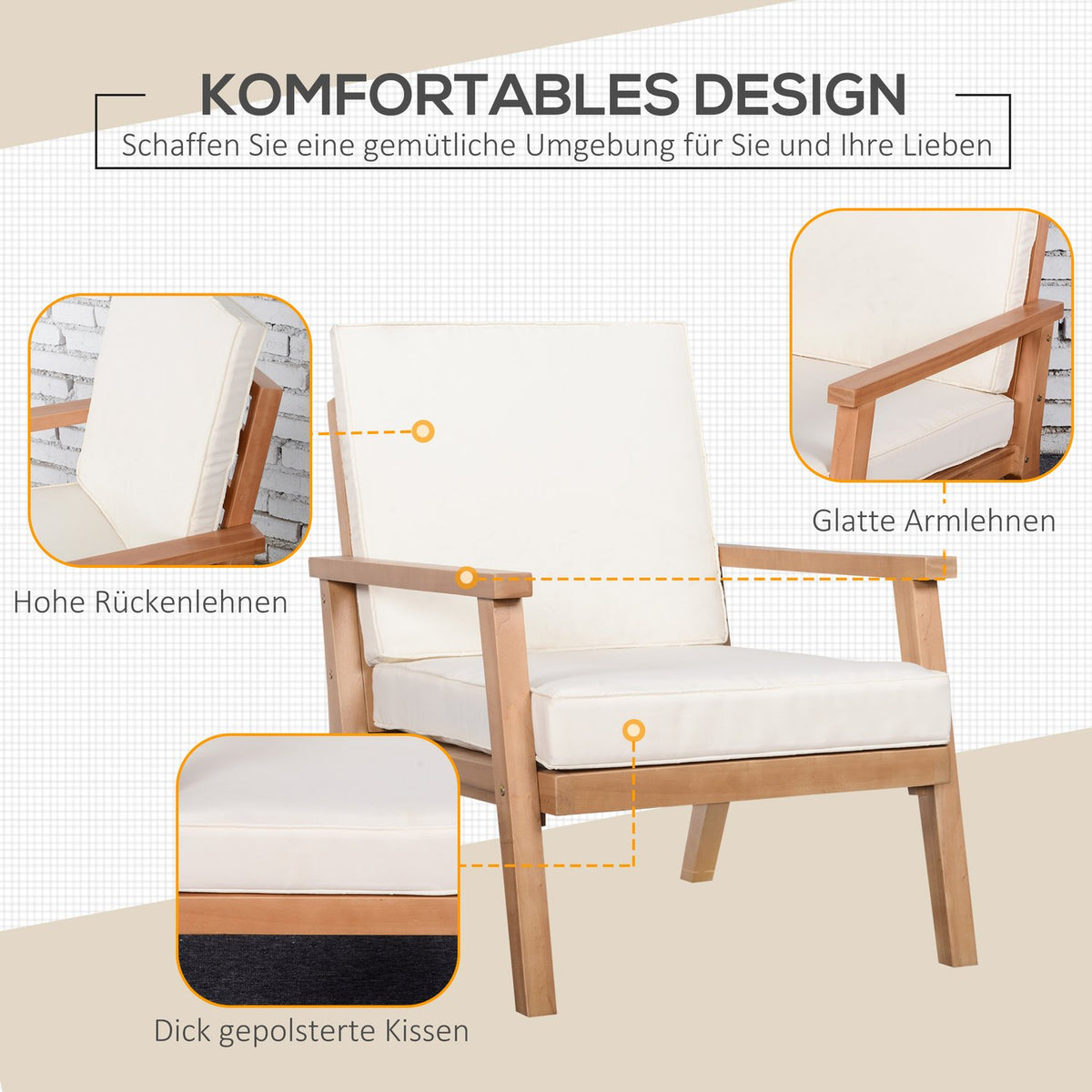 Garden Chairs Set Of 2 Comfortable Garden Chairs With Cushions, Made Of Poplar Wood, For Balcony & Garden, 66 X 77.5 X 74.5 Cm