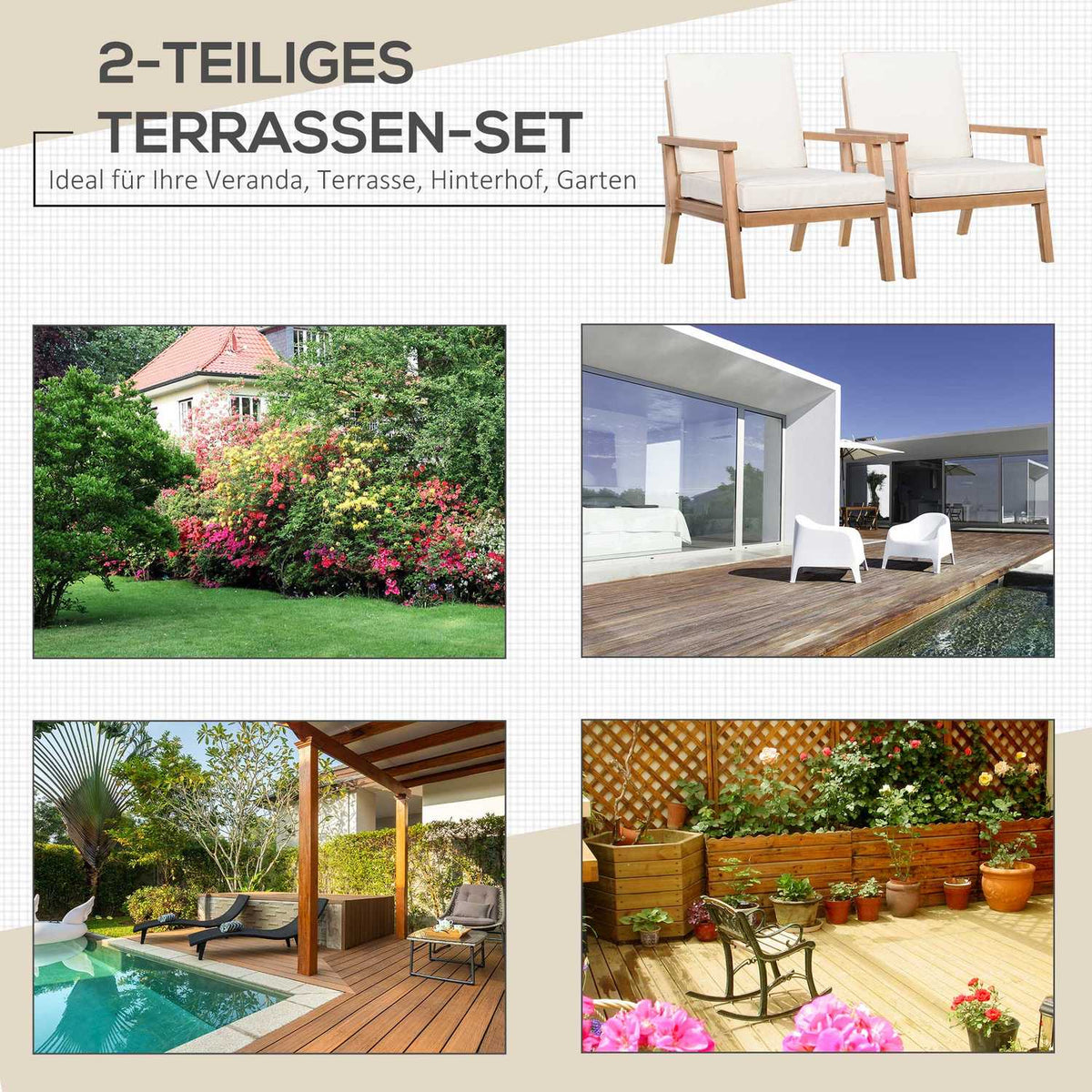 Garden Chairs Set Of 2 Comfortable Garden Chairs With Cushions, Made Of Poplar Wood, For Balcony & Garden, 66 X 77.5 X 74.5 Cm