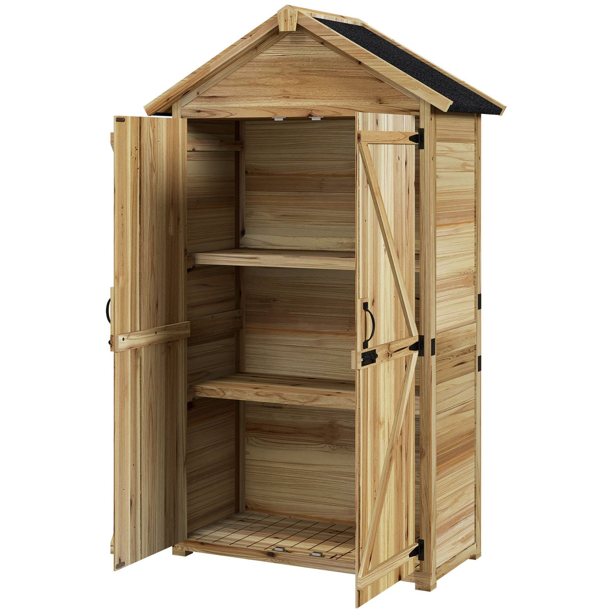 Garden Cupboard, 0.43M² Wooden Tool Shed, Garden Shed With Asphalt Roof, Double Door, Tool Cupboard With Lock, Natural, 102 X 54 X 177 Cm