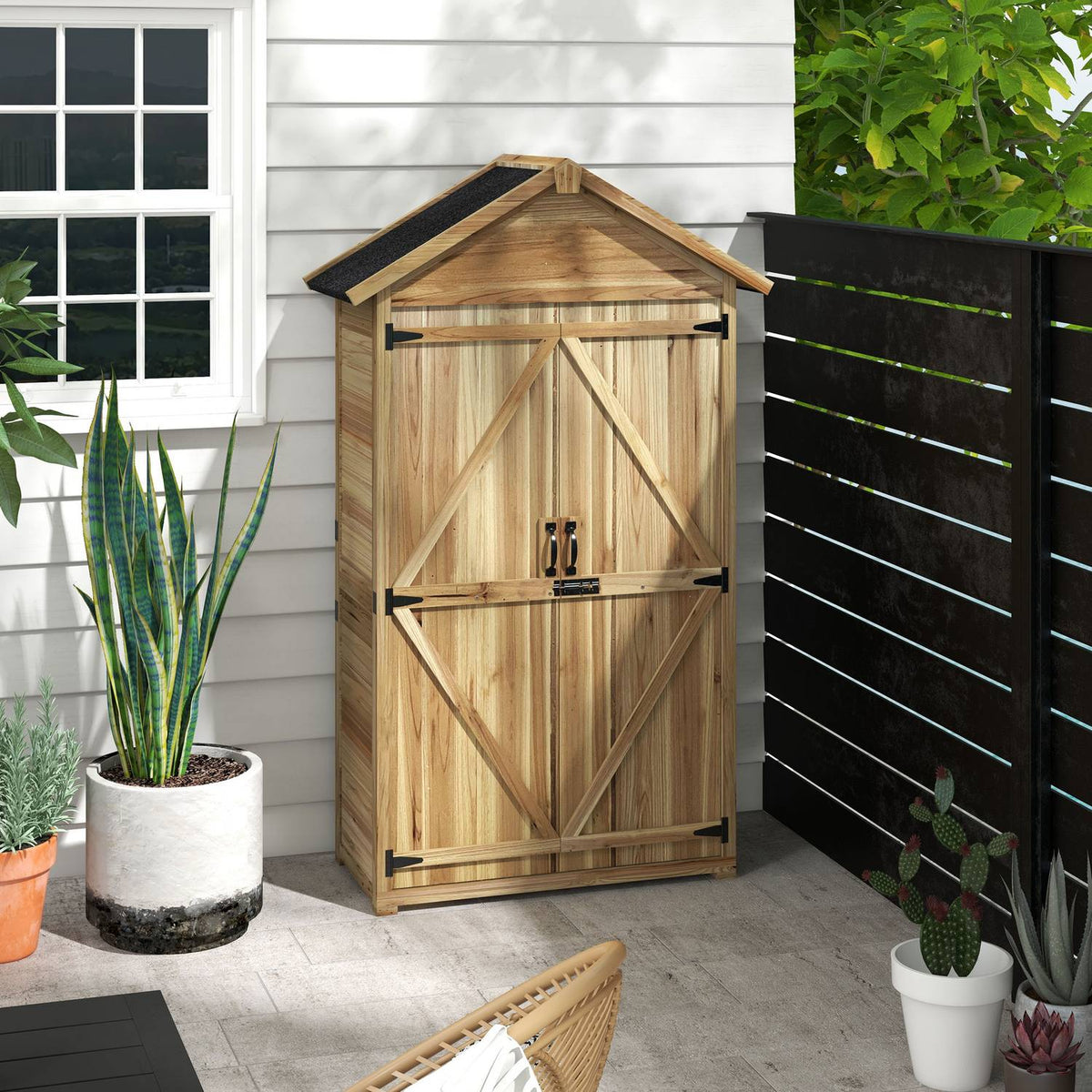 Garden Cupboard, 0.43M² Wooden Tool Shed, Garden Shed With Asphalt Roof, Double Door, Tool Cupboard With Lock, Natural, 102 X 54 X 177 Cm
