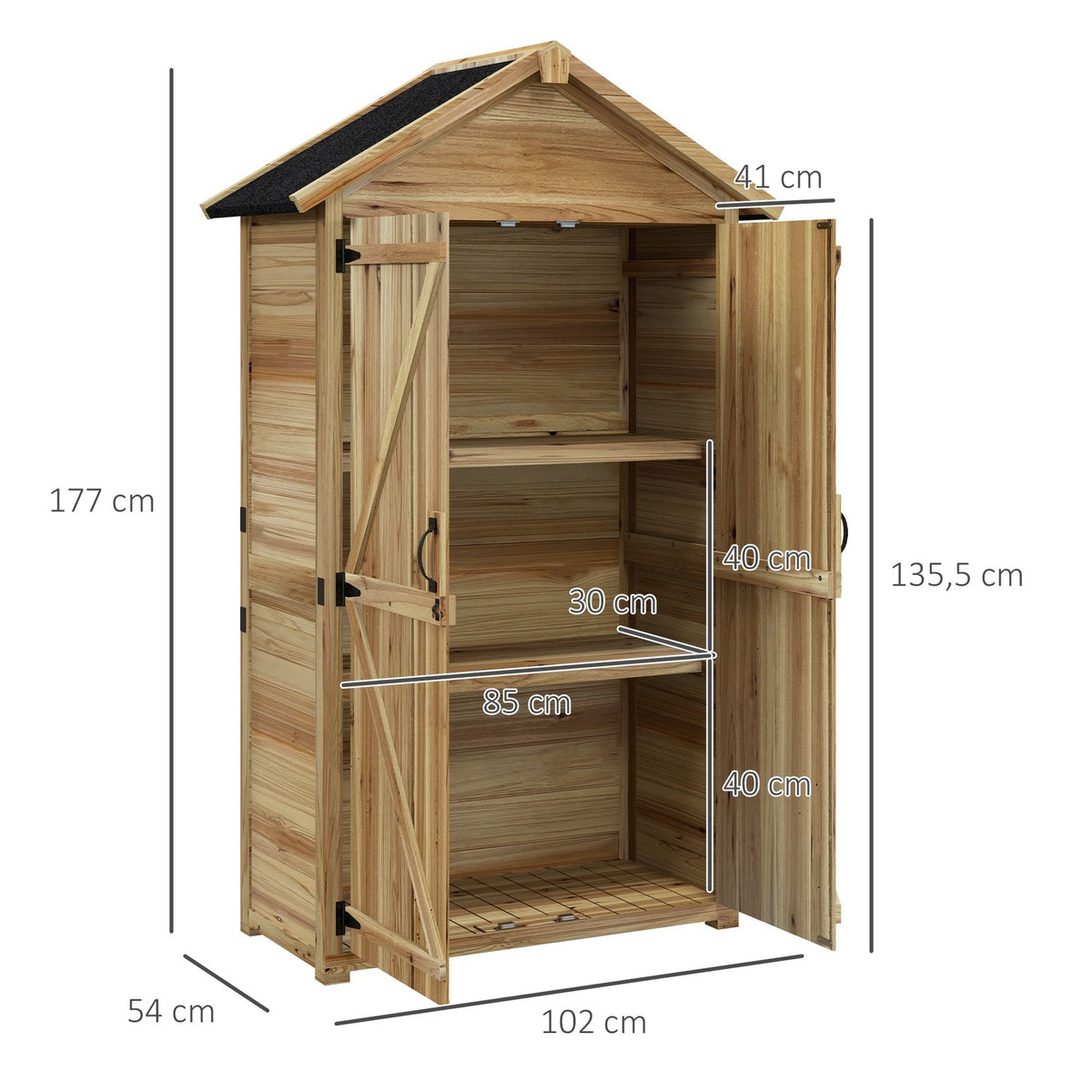 Garden Cupboard, 0.43M² Wooden Tool Shed, Garden Shed With Asphalt Roof, Double Door, Tool Cupboard With Lock, Natural, 102 X 54 X 177 Cm