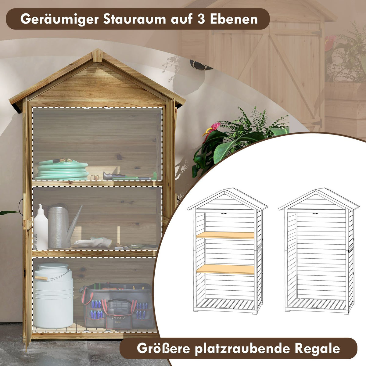Garden Cupboard, 0.43M² Wooden Tool Shed, Garden Shed With Asphalt Roof, Double Door, Tool Cupboard With Lock, Natural, 102 X 54 X 177 Cm