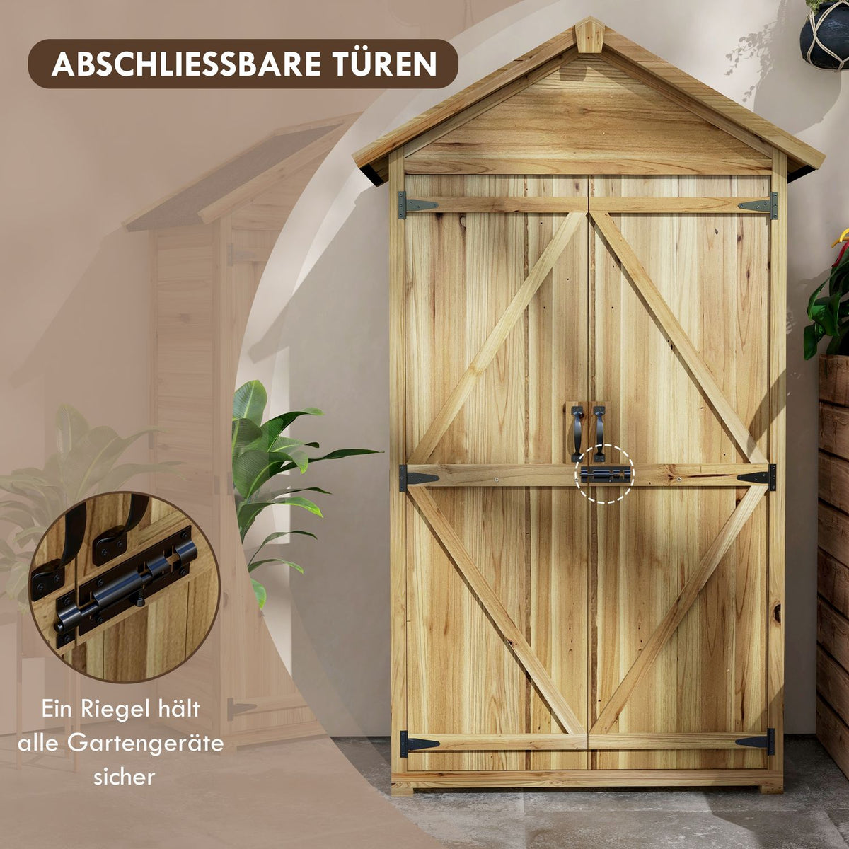 Garden Cupboard, 0.43M² Wooden Tool Shed, Garden Shed With Asphalt Roof, Double Door, Tool Cupboard With Lock, Natural, 102 X 54 X 177 Cm