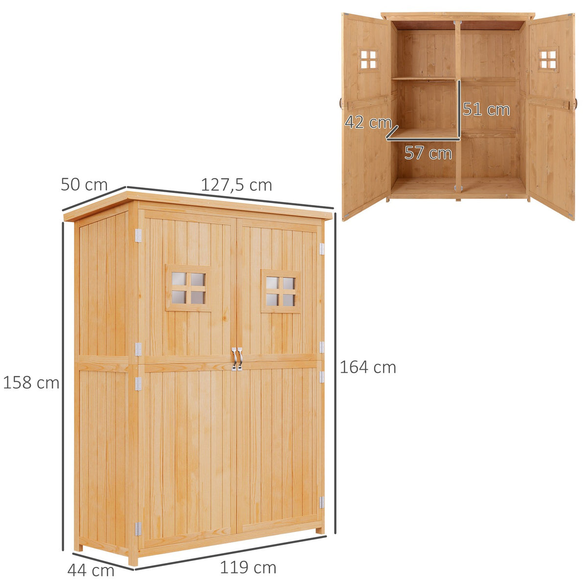 Garden Cupboard Wooden Tool Shed Tool Shed Tool Cupboard Pent Roof Garden Natural 127.5X50X164Cm