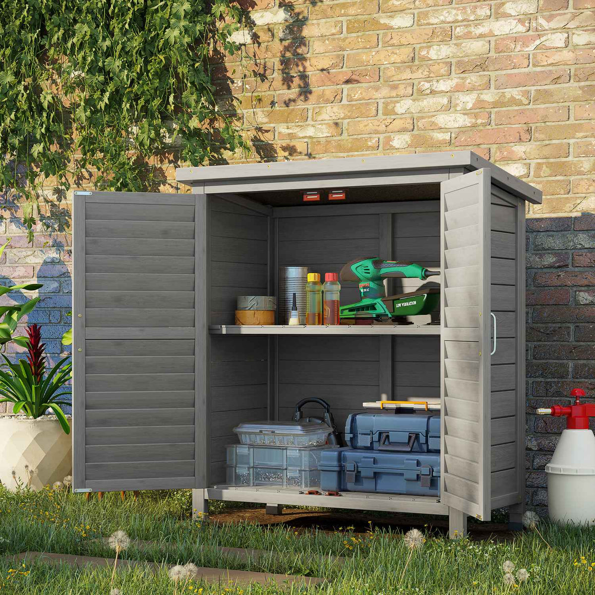 Garden Cupboard Wooden Tool Shed Tool Shed Tool Cupboard Wooden Hut Pent Roof Bitumen Cardboard Slatted Doors Gray 87 X 46.5 X 96.5 Cm
