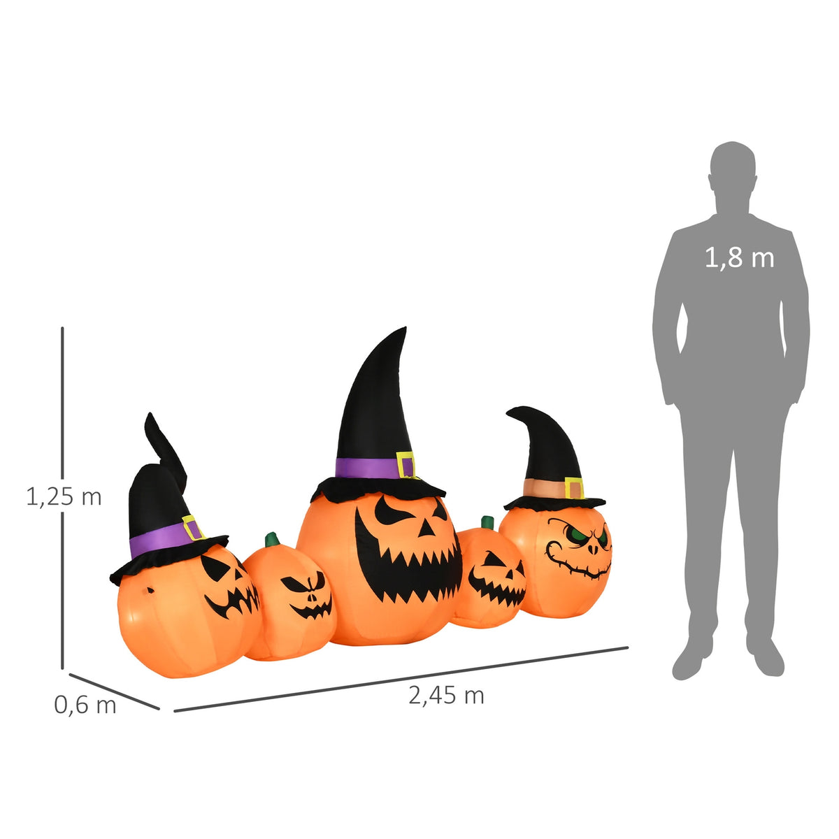 Garden Decoration Halloween Decoration Set Inflatable Pumpkin With Witch Hat Built-In Led Lights 245 X 60 X 125 Cm