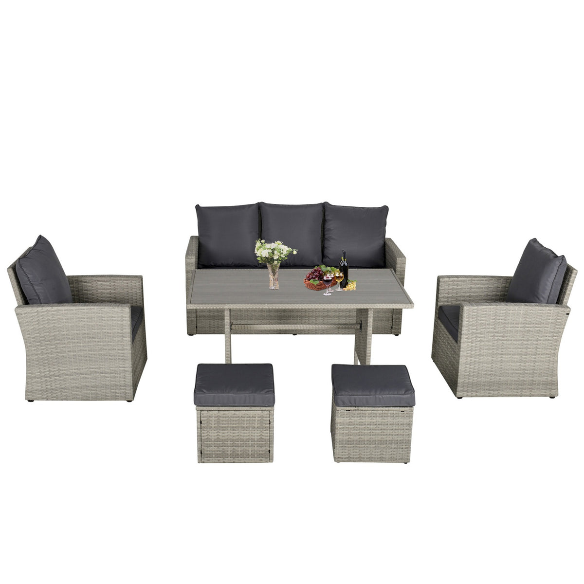 Garden Dining Group With Sofa Set, Lounge & Stool, Ideal For Yard & Balcony, Pe Rattan, Grey