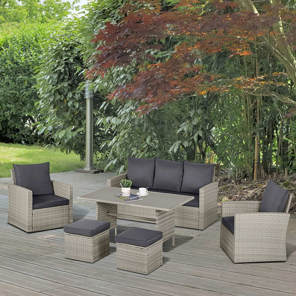 Garden Dining Group With Sofa Set, Lounge & Stool, Ideal For Yard & Balcony, Pe Rattan, Grey