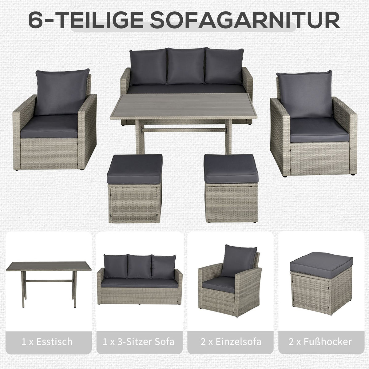 Garden Dining Group With Sofa Set, Lounge & Stool, Ideal For Yard & Balcony, Pe Rattan, Grey