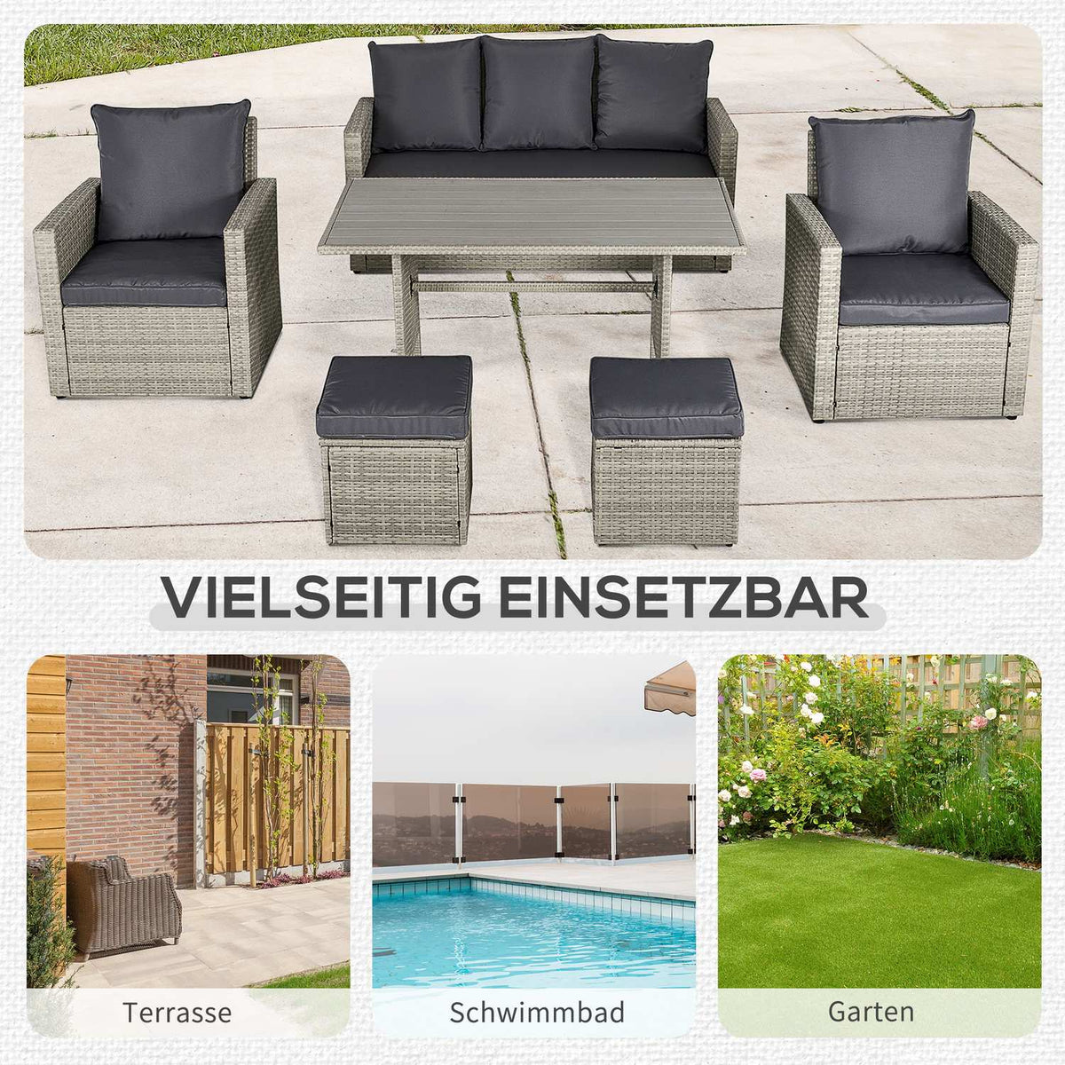 Garden Dining Group With Sofa Set, Lounge & Stool, Ideal For Yard & Balcony, Pe Rattan, Grey