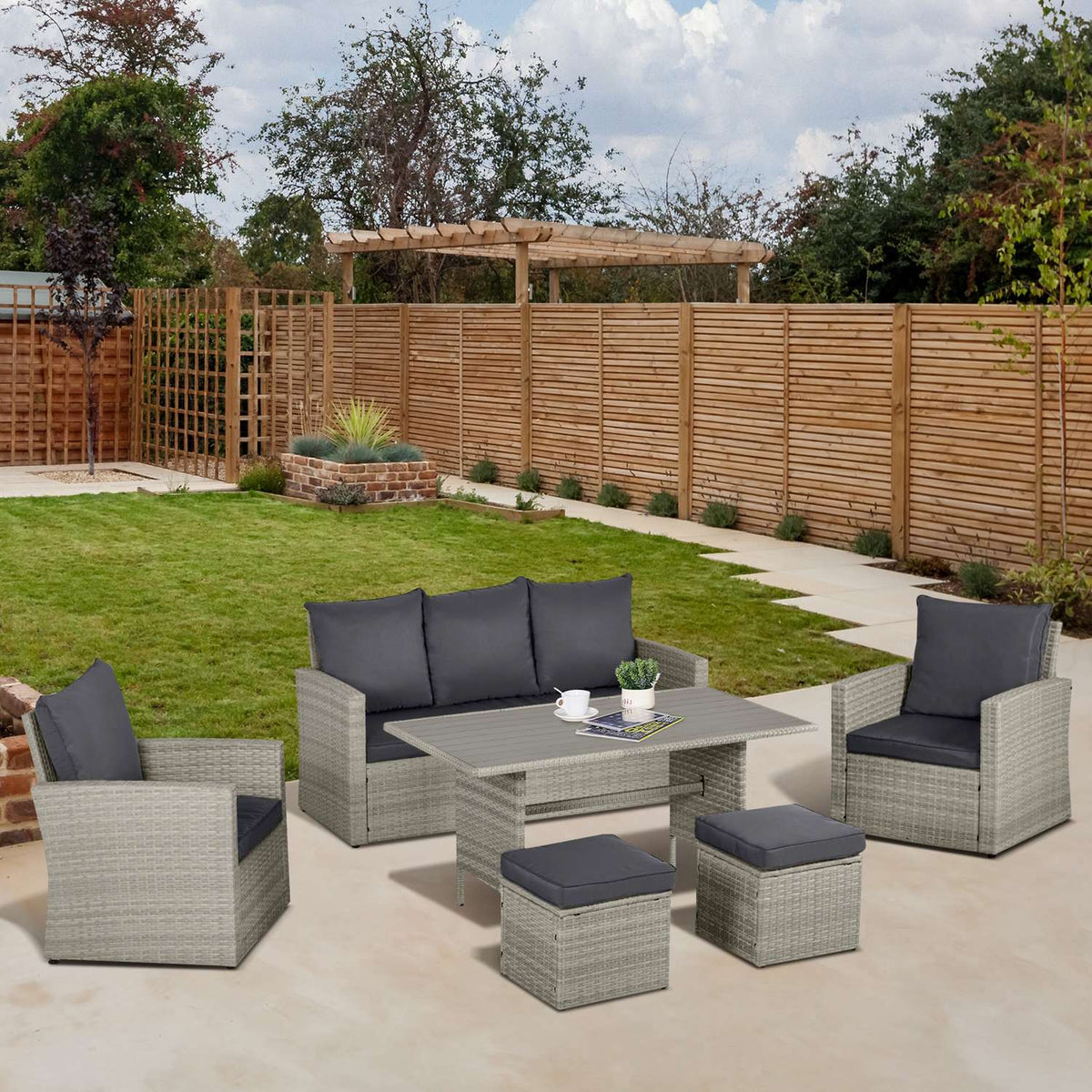 Garden Dining Group With Sofa Set, Lounge & Stool, Ideal For Yard & Balcony, Pe Rattan, Grey