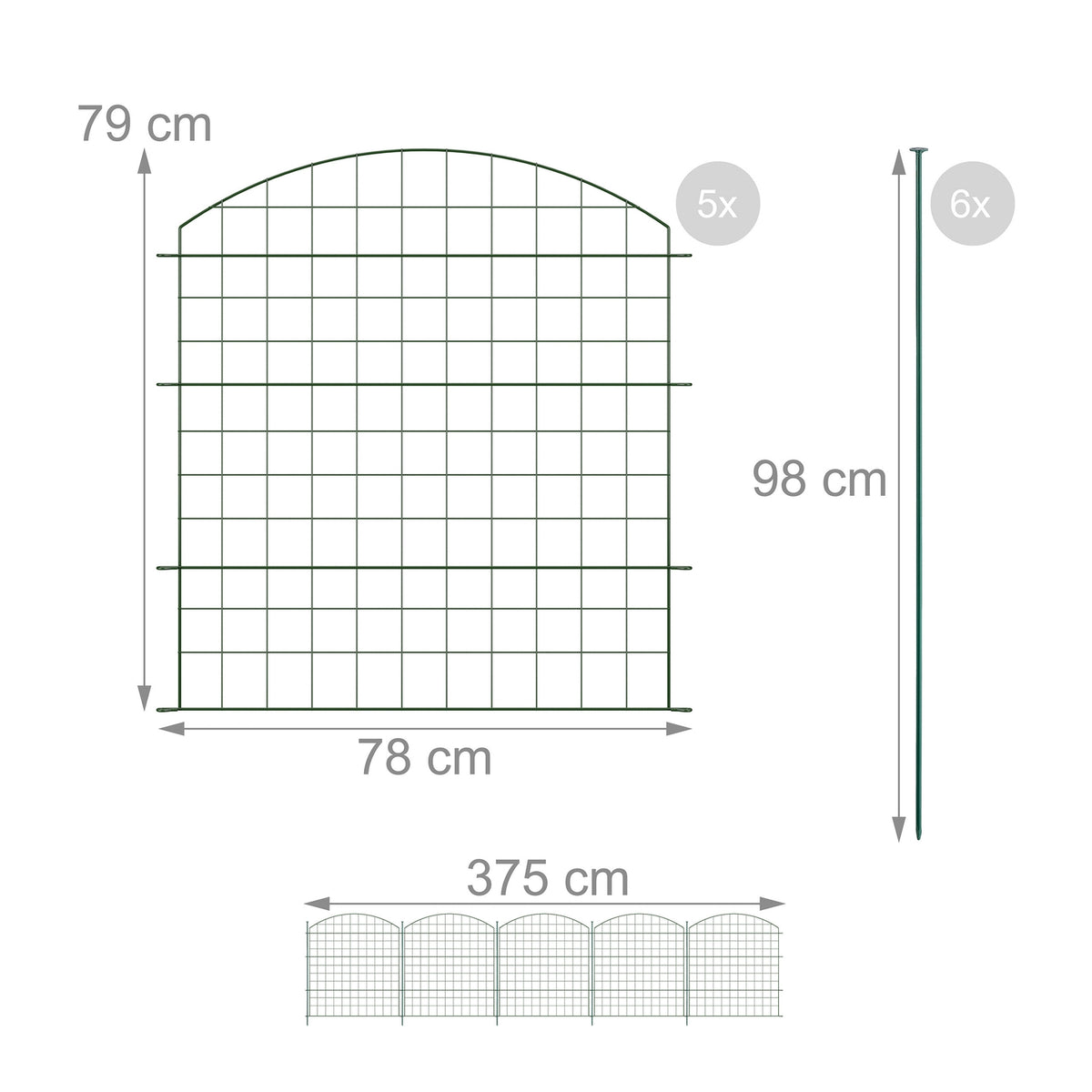 Garden Fence, 5 Arched Panels, Metal Border