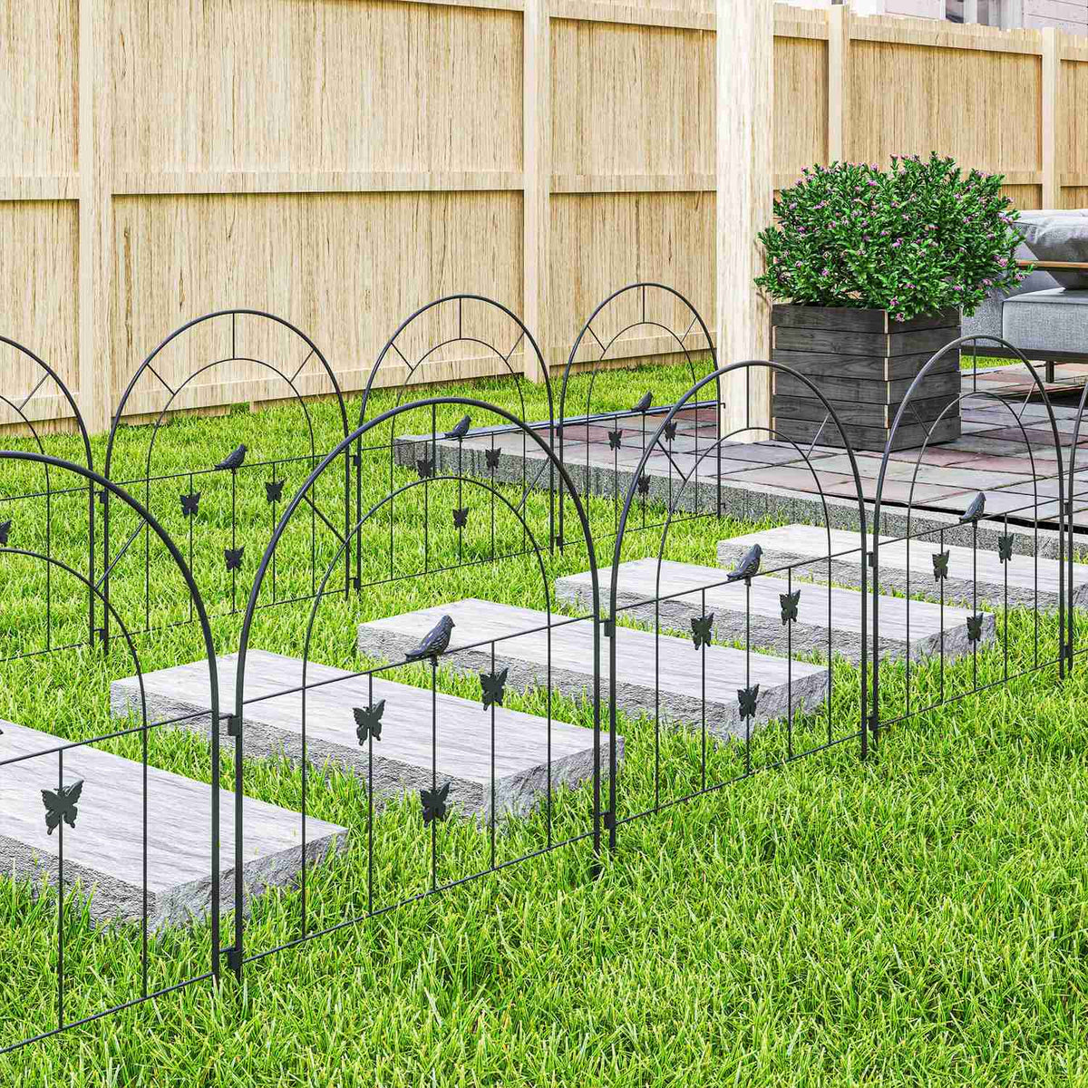Garden Fence Steel 300 cm x 70 cm High Decorative Mesh Fence Set Fence Elements Dog Fence Top Arch Fence for Dogs Landscape Fence for Garden Flower Beds Animal Barrier Outdoor Black