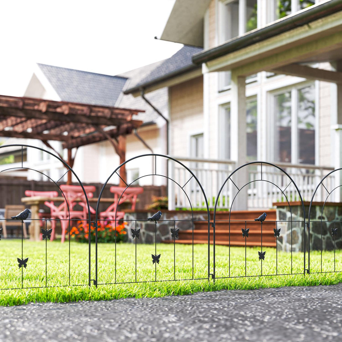 Garden Fence Steel 300 cm x 70 cm High Decorative Mesh Fence Set Fence Elements Dog Fence Top Arch Fence for Dogs Landscape Fence for Garden Flower Beds Animal Barrier Outdoor Black