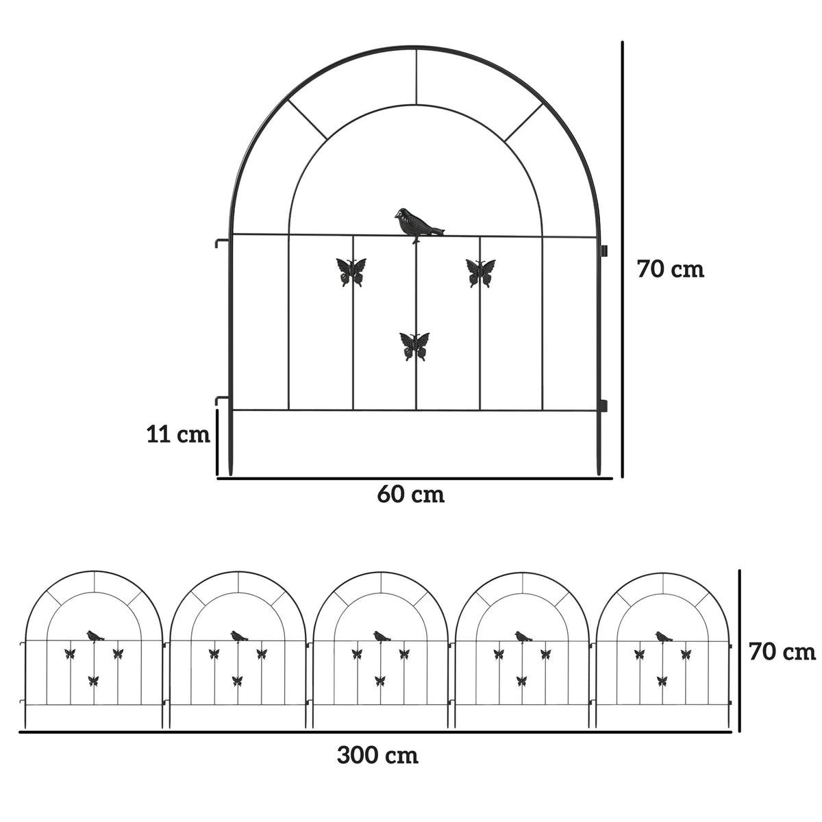 Garden Fence Steel 300 cm x 70 cm High Decorative Mesh Fence Set Fence Elements Dog Fence Top Arch Fence for Dogs Landscape Fence for Garden Flower Beds Animal Barrier Outdoor Black