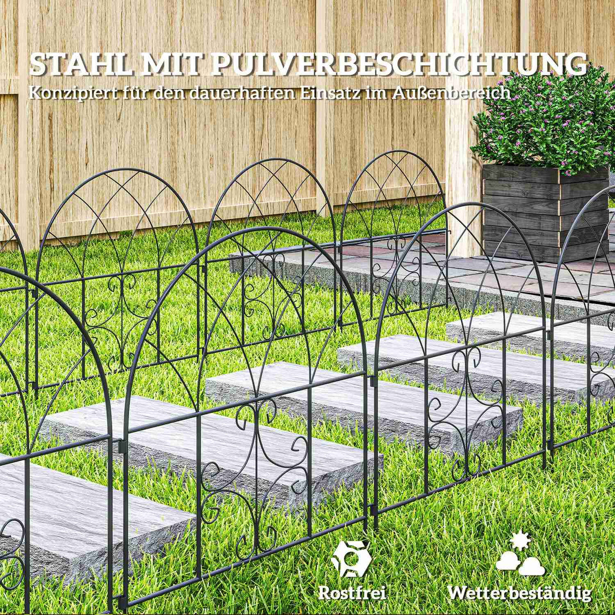 Garden Fence Steel 300 cm x 70 cm High Decorative Mesh Fence Set Fence Elements Landscape Fence Top Arch Fence for Dogs Dog Fence for Garden Flower Beds Animal Barrier Outdoor Black