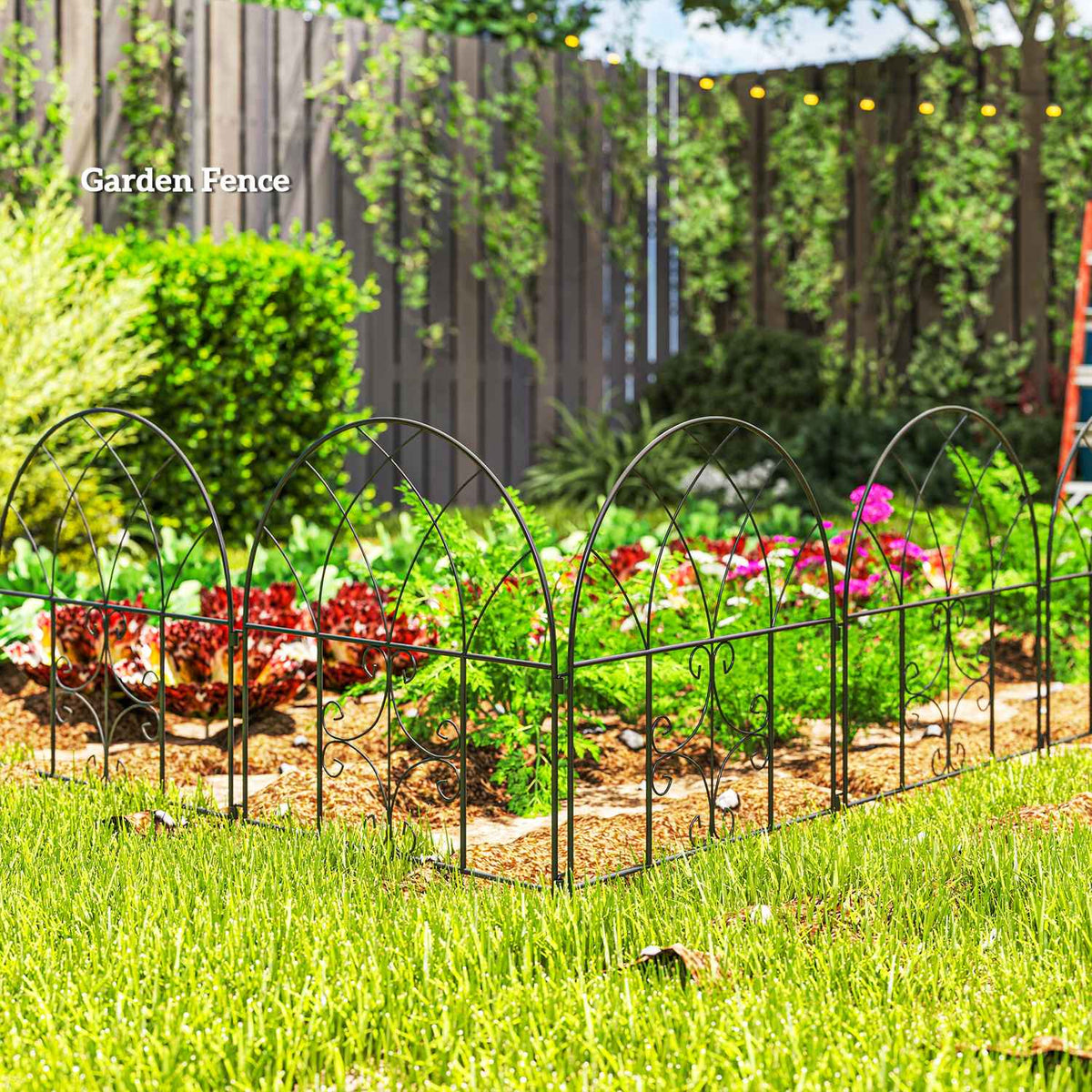 Garden Fence Steel 300 cm x 70 cm High Decorative Mesh Fence Set Fence Elements Landscape Fence Top Arch Fence for Dogs Dog Fence for Garden Flower Beds Animal Barrier Outdoor Black