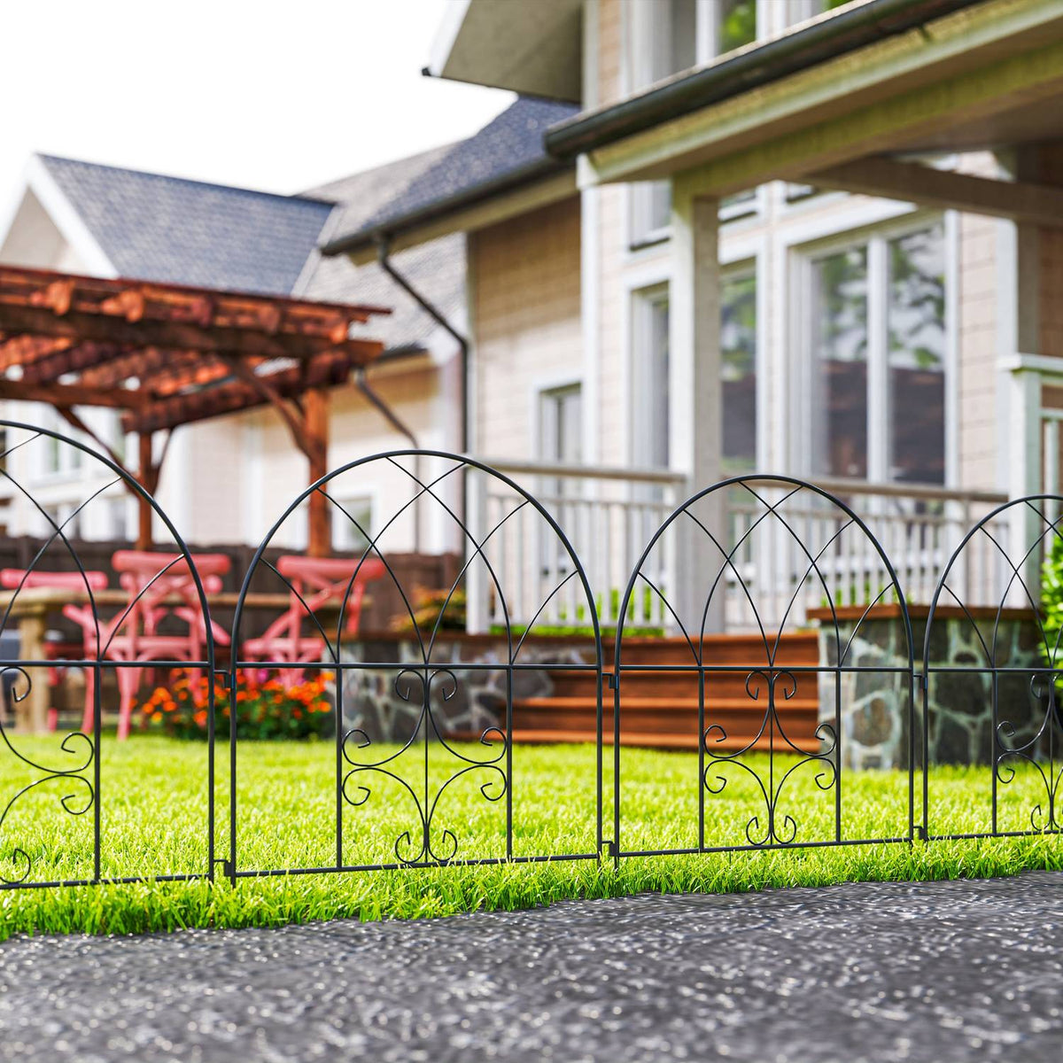 Garden Fence Steel 300 cm x 70 cm High Decorative Mesh Fence Set Fence Elements Landscape Fence Top Arch Fence for Dogs Dog Fence for Garden Flower Beds Animal Barrier Outdoor Black