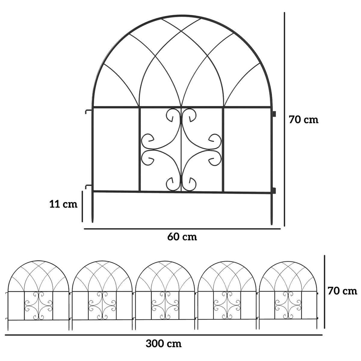 Garden Fence Steel 300 cm x 70 cm High Decorative Mesh Fence Set Fence Elements Landscape Fence Top Arch Fence for Dogs Dog Fence for Garden Flower Beds Animal Barrier Outdoor Black