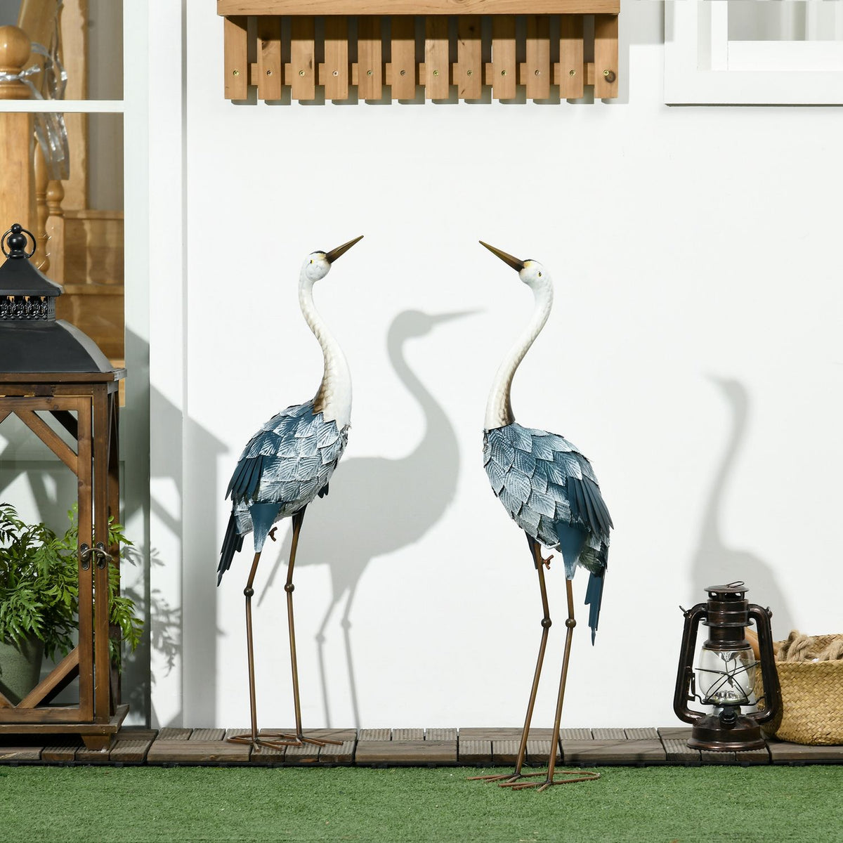 Garden Figures Set Of 2 Cranes Weather-Resistant Outdoor Ornament Sculpture Balcony Patio 72.5/74Cm