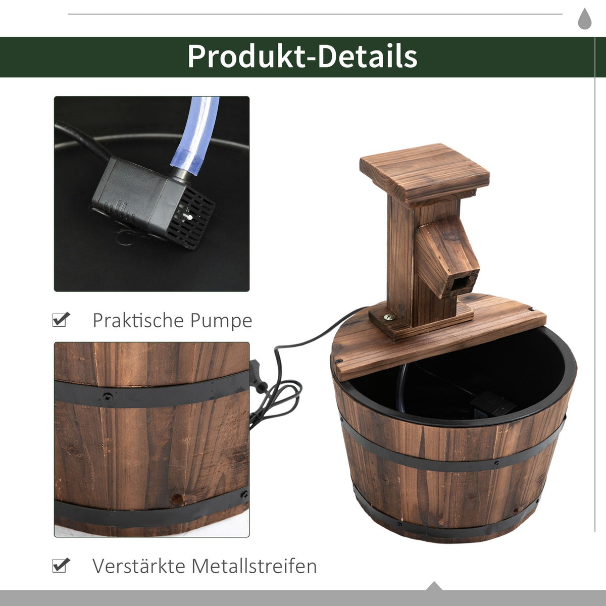 Garden Fountain Decorative Fountain Barrel Fountain Waterfall Wooden Bucket Fir Wood + Metal Dark Brown Diameter 27 X 37 Cm
