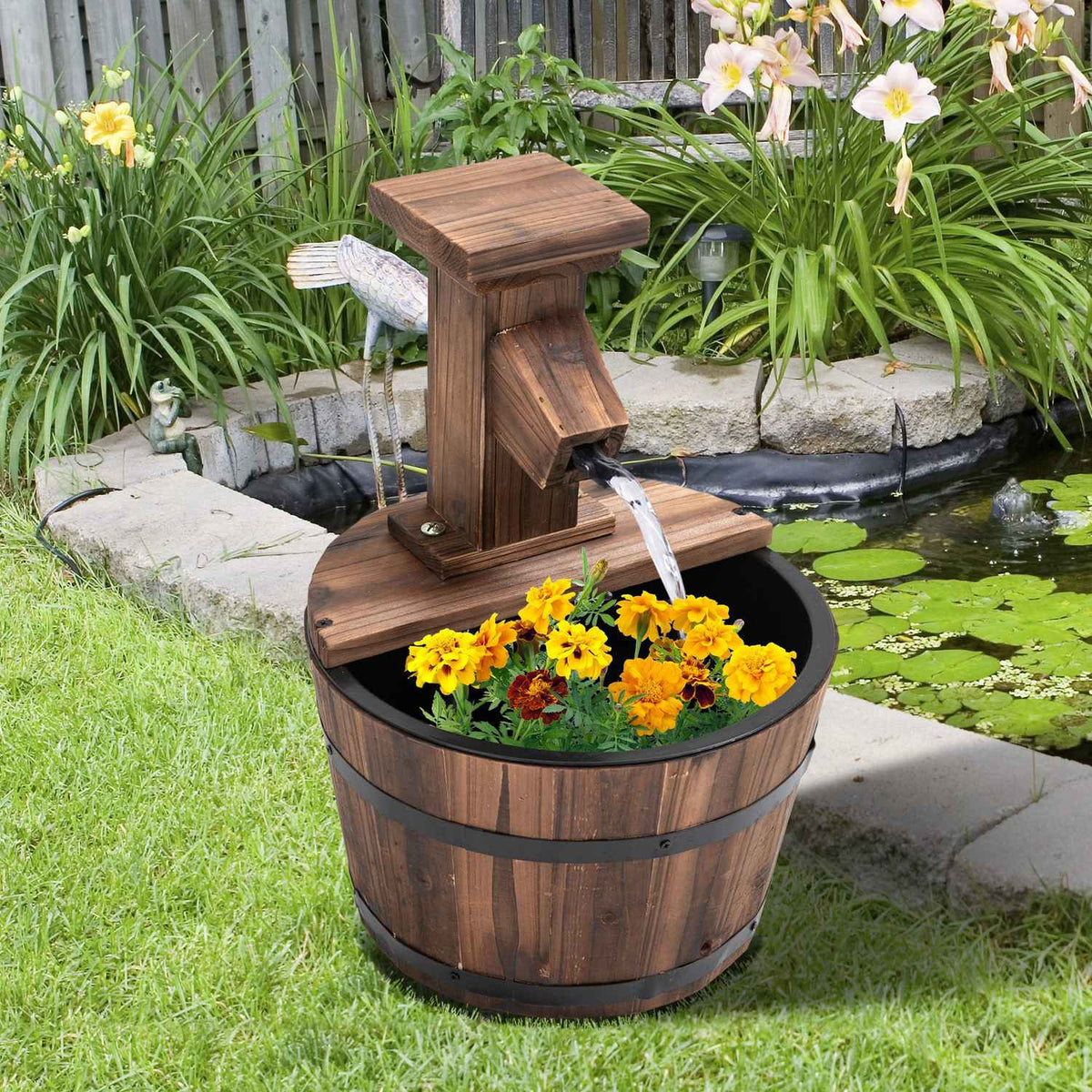 Garden Fountain Decorative Fountain Barrel Fountain Waterfall Wooden Bucket Fir Wood + Metal Dark Brown Diameter 27 X 37 Cm