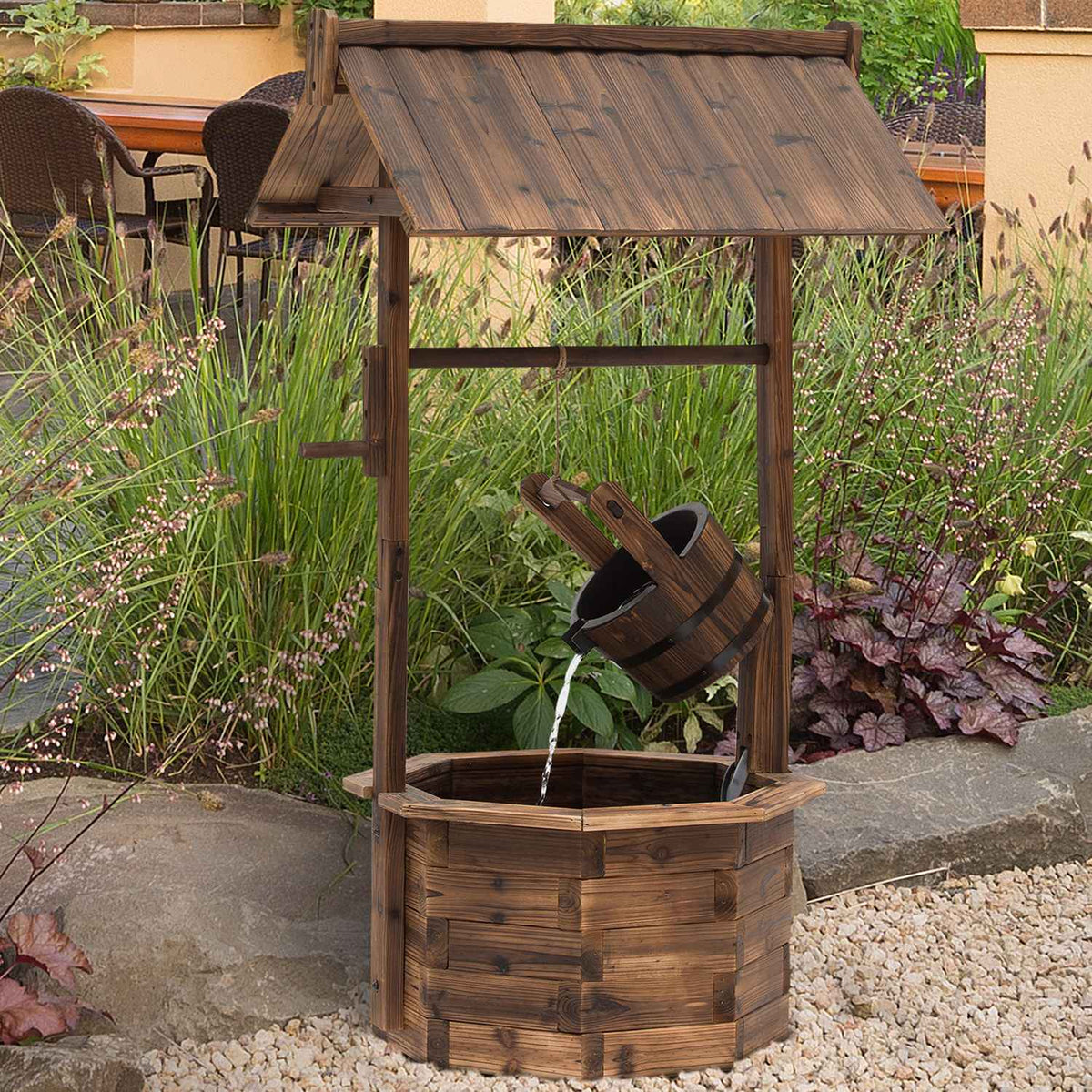 Garden Fountain, Decorative Fountain, Waterfall, Adjustable, Solid Wood, Brown, 68 X 57 X 118 Cm