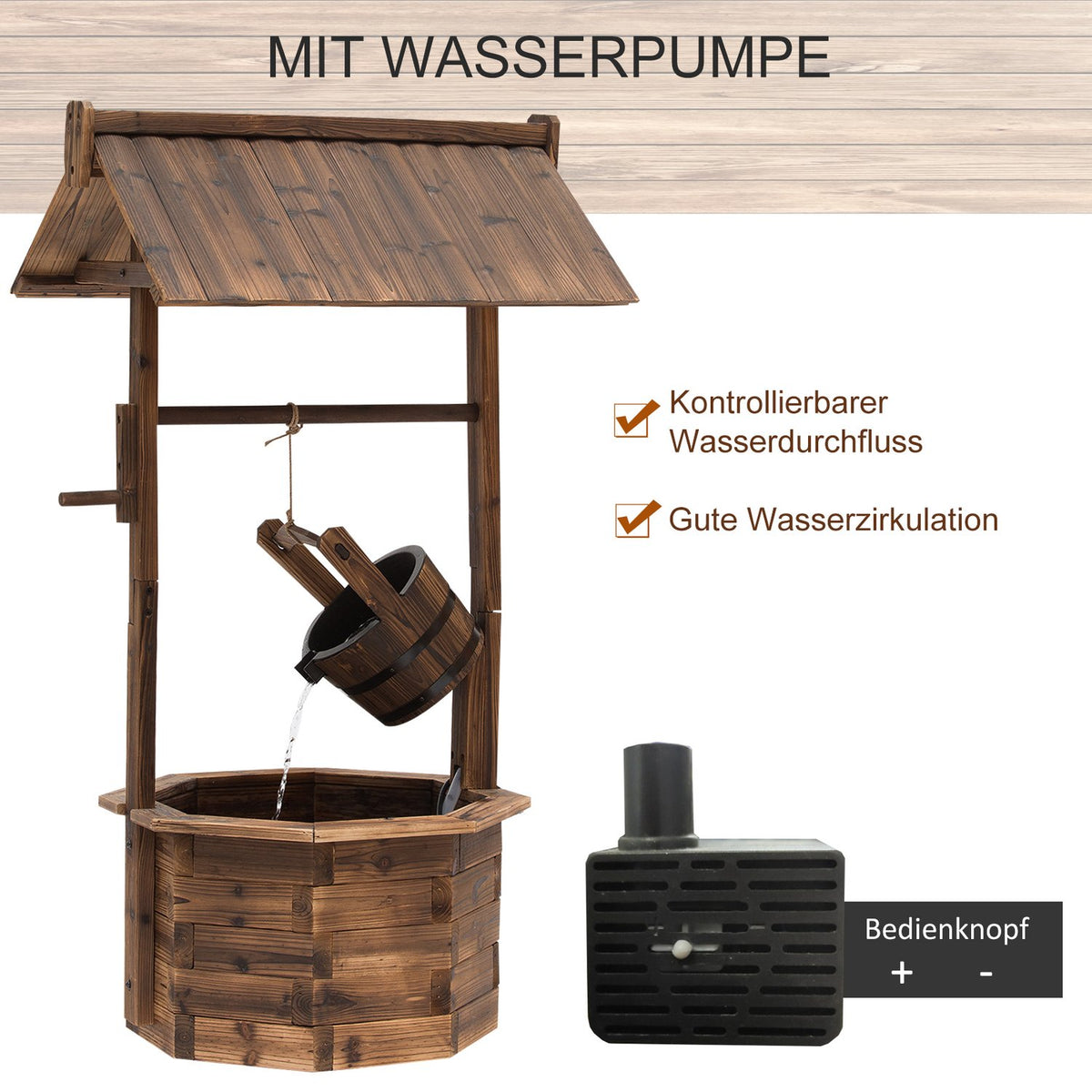 Garden Fountain, Decorative Fountain, Waterfall, Adjustable, Solid Wood, Brown, 68 X 57 X 118 Cm