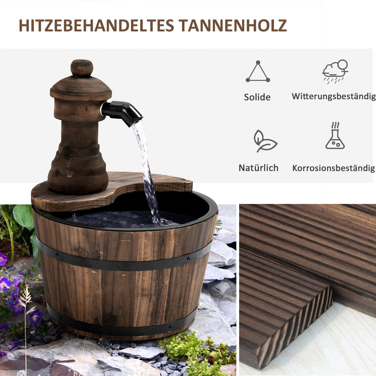 Garden Fountain Fountain Decorative Fountain Barrel Fountain Waterfall Wooden Bucket Fir Wood + Metal Natural Wood Ø27 X 37 Cm