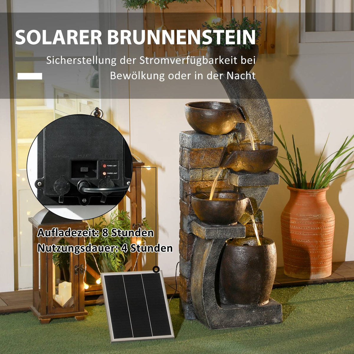 Garden Fountain Solar Fountain Decorative Fountain Led Lighting 5 Levels Garden Patio Synthetic Resin 37X35X107Cm