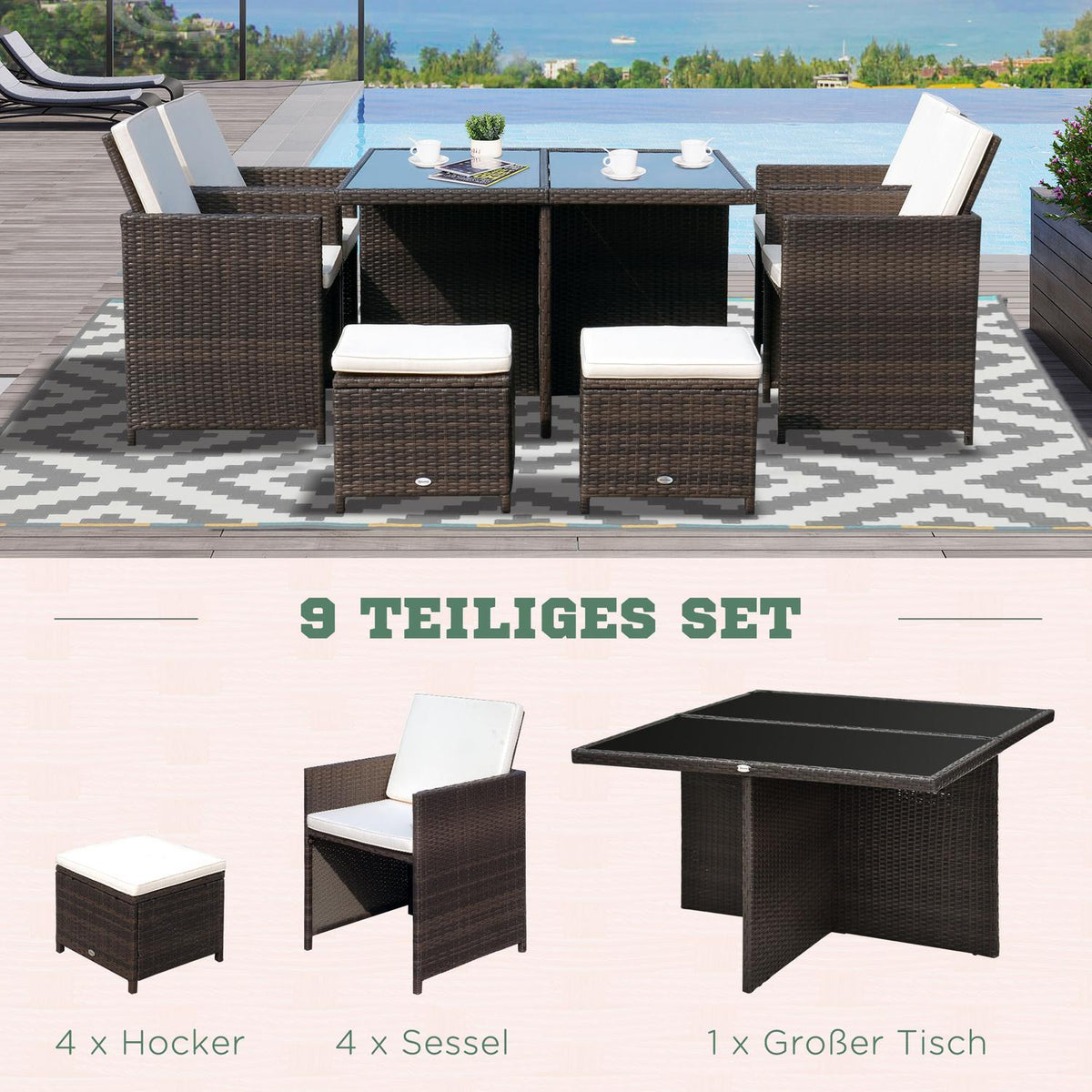 Garden Furniture Dining Group Polyrattan Seating Group 21 Pieces With Aluminum Brown Cushions